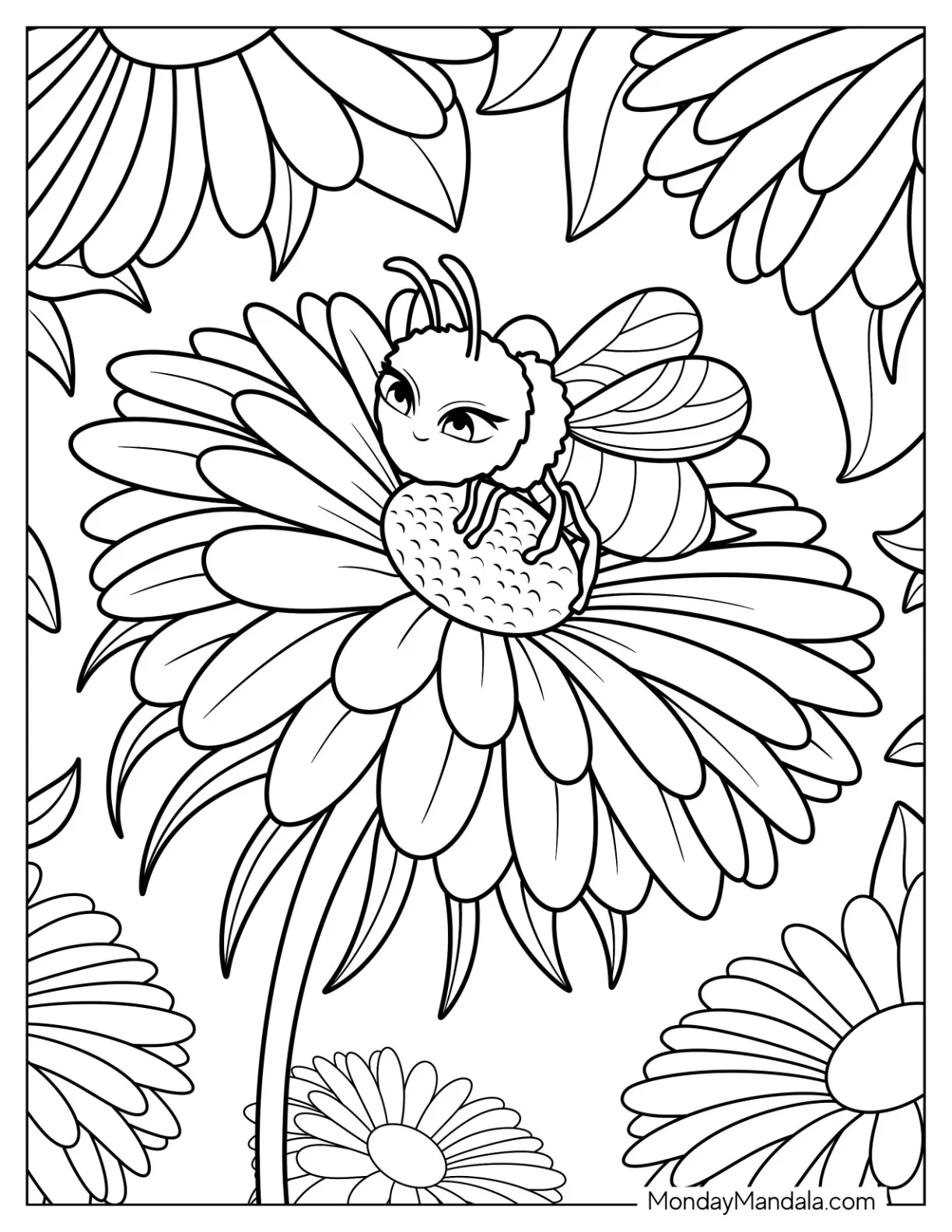 Pretty Little Bee Coloring Page Perched On A Daisy coloring page