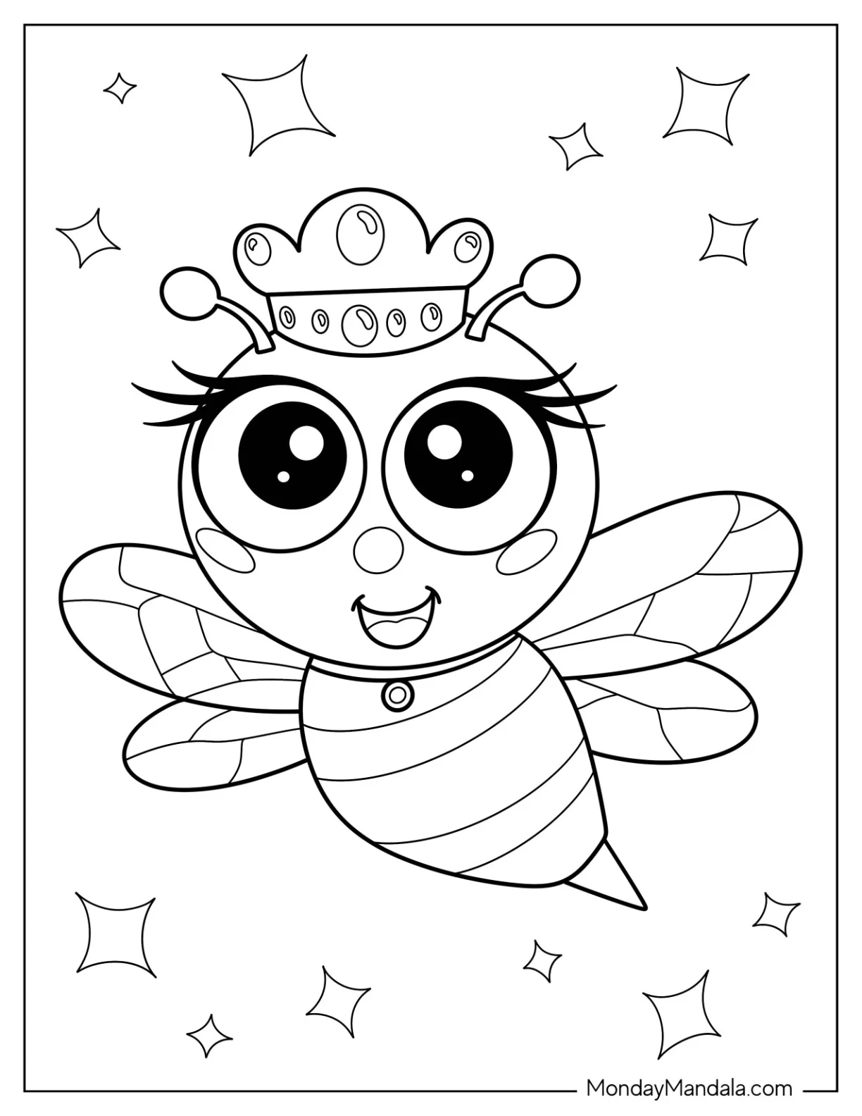 Queen Bee Coloring Page Wearing A Crown For Kids coloring page