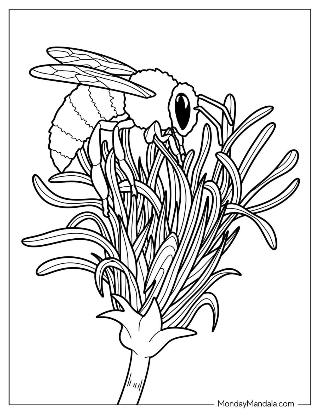 Realistic Bee Coloring Page Sucking Flower Nectar coloring page