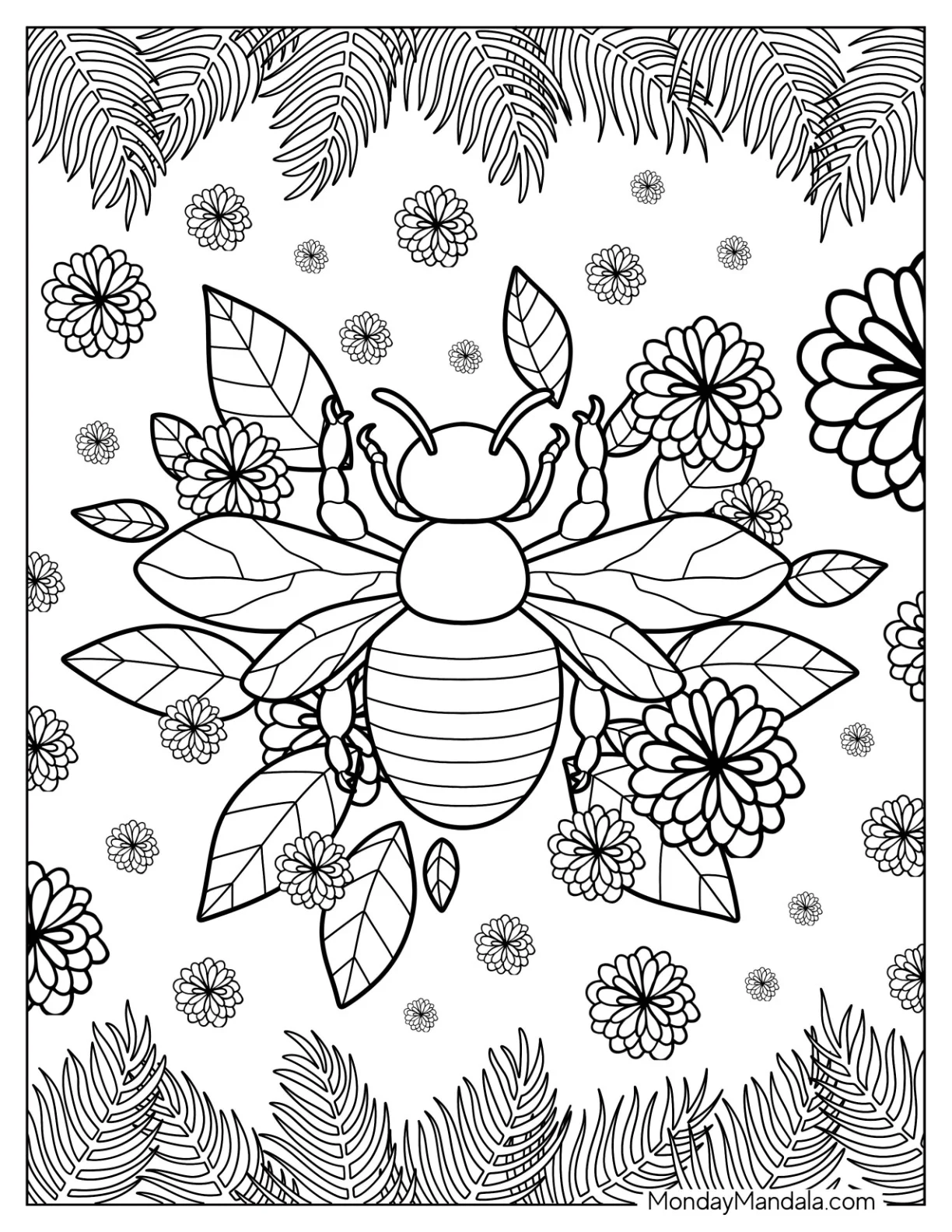 Top View of Bee Coloring Page Surrounded By Flowers coloring page