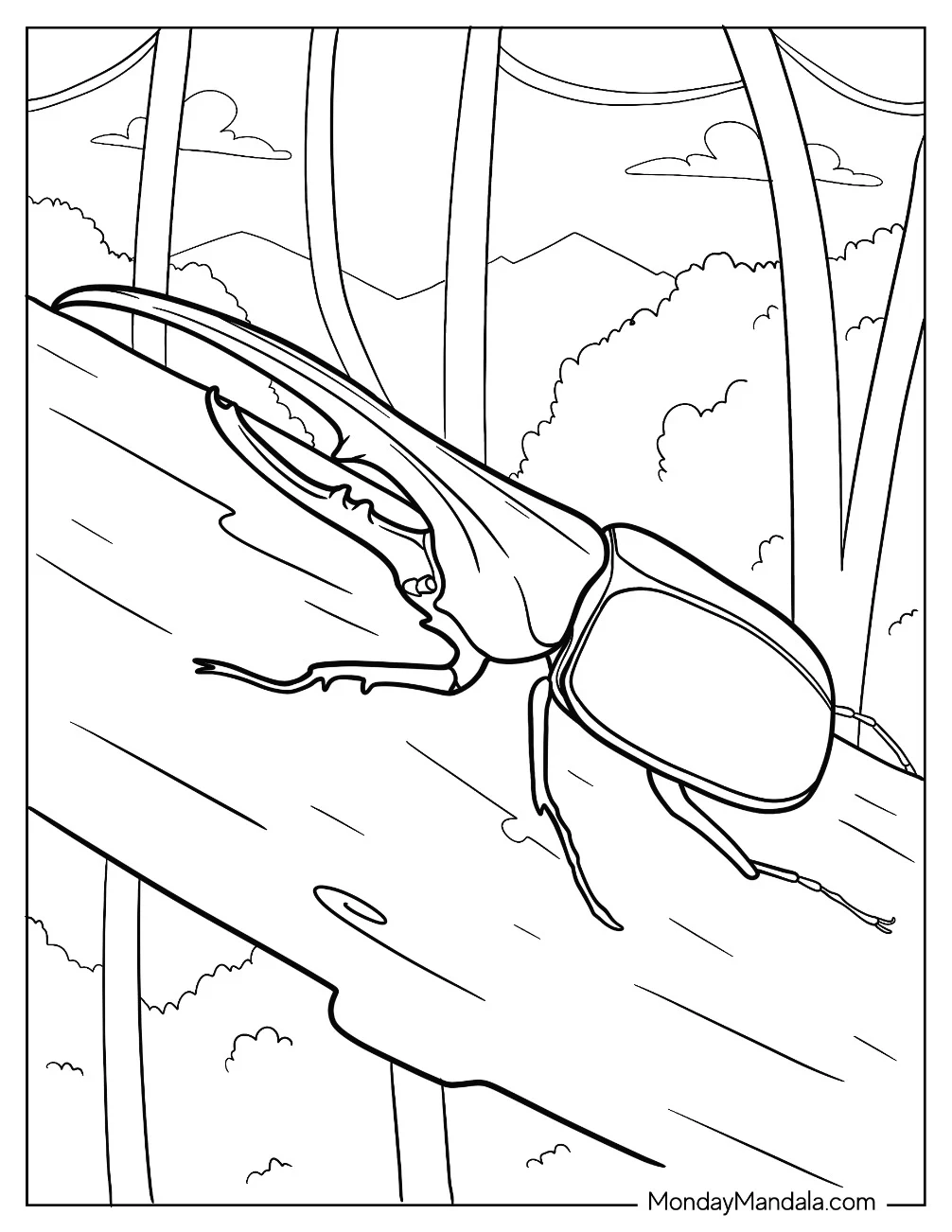 Hercules Beetle Coloring Page On A Log For Kids coloring page