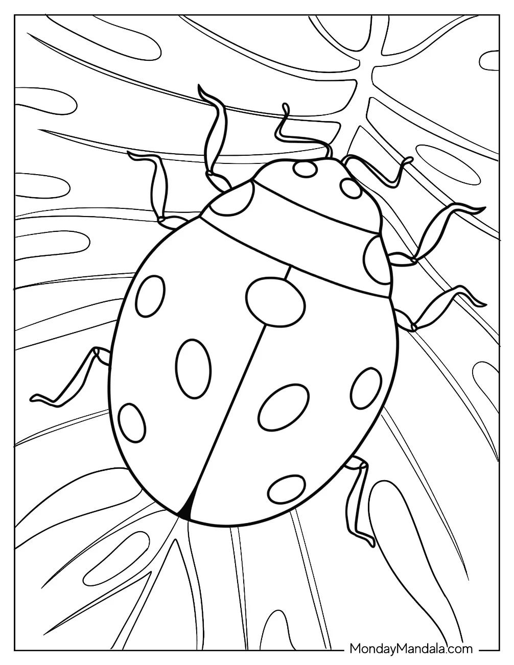 Ladybug Beetle Coloring Page On A Leaf For Kids coloring page