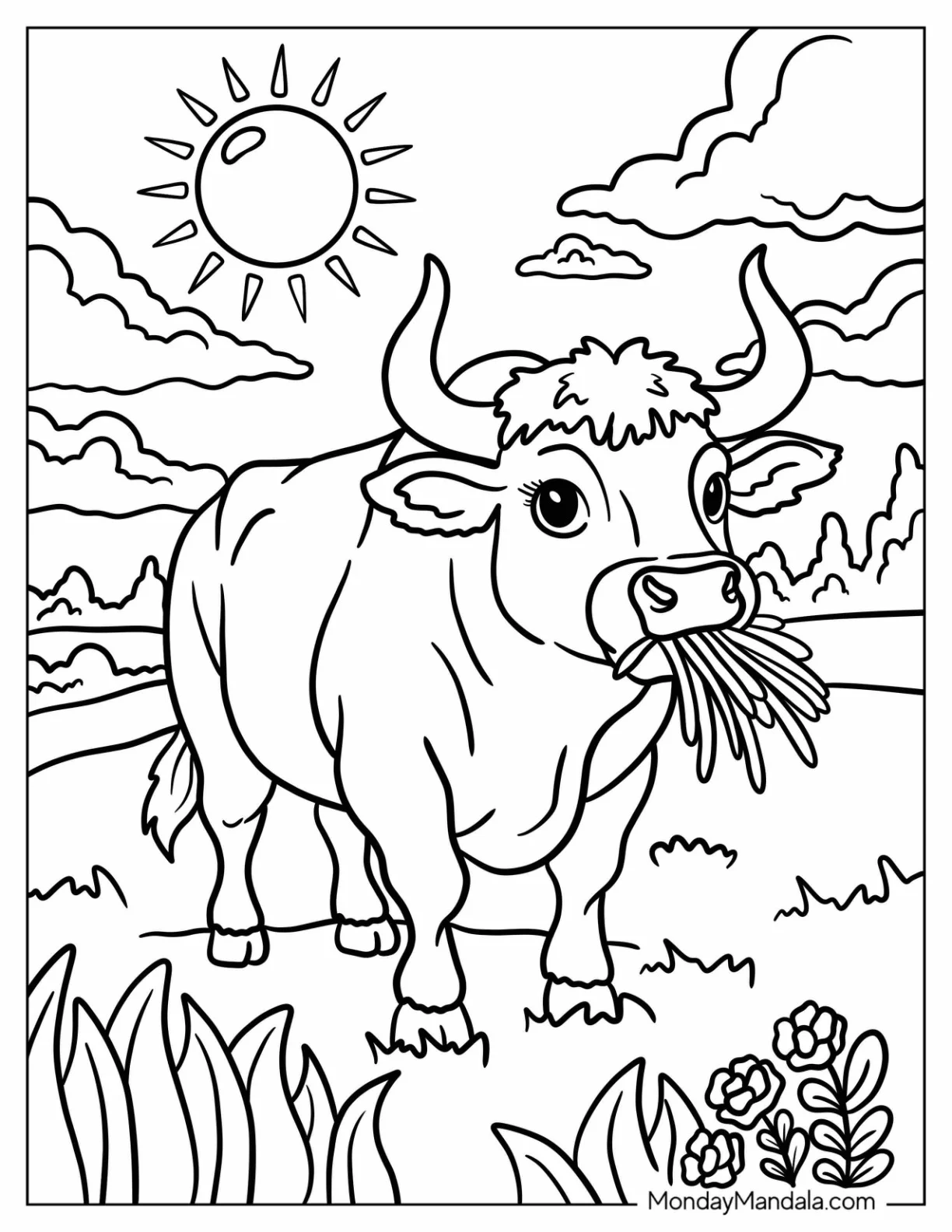 Adorable Bull Coloring Page Chewing Grass on a Field under the Sun coloring page