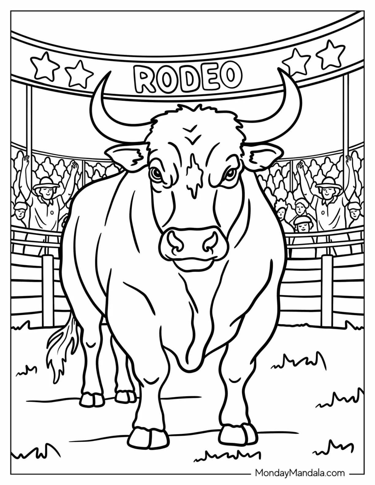 Angry Bull Coloring Page in a Rodeo with Cheering Crowd for Kids coloring page