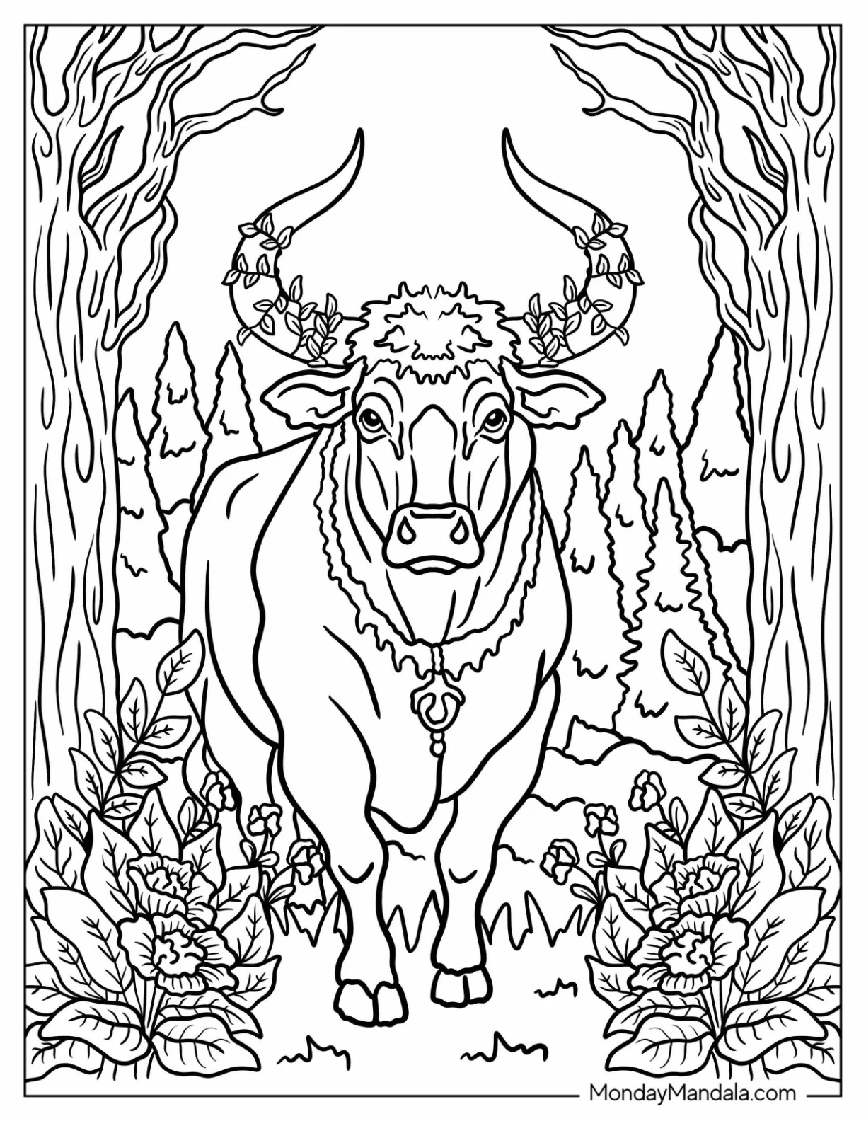 Beautiful Bull Coloring Page with Vines around Its Horns coloring page