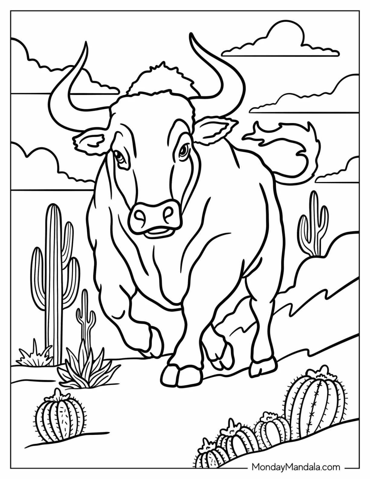 Bull Coloring Page Charging in the a Desert with Cacti coloring page