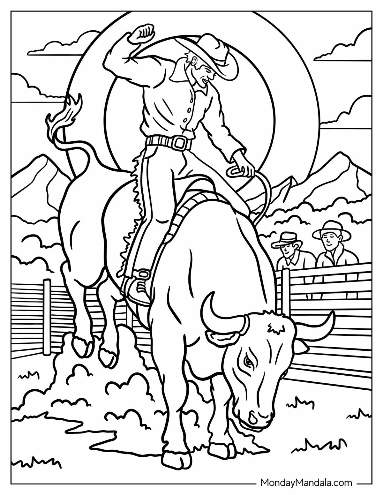 Cowboy Riding a Bull Coloring Page Outdoors for Kids coloring page