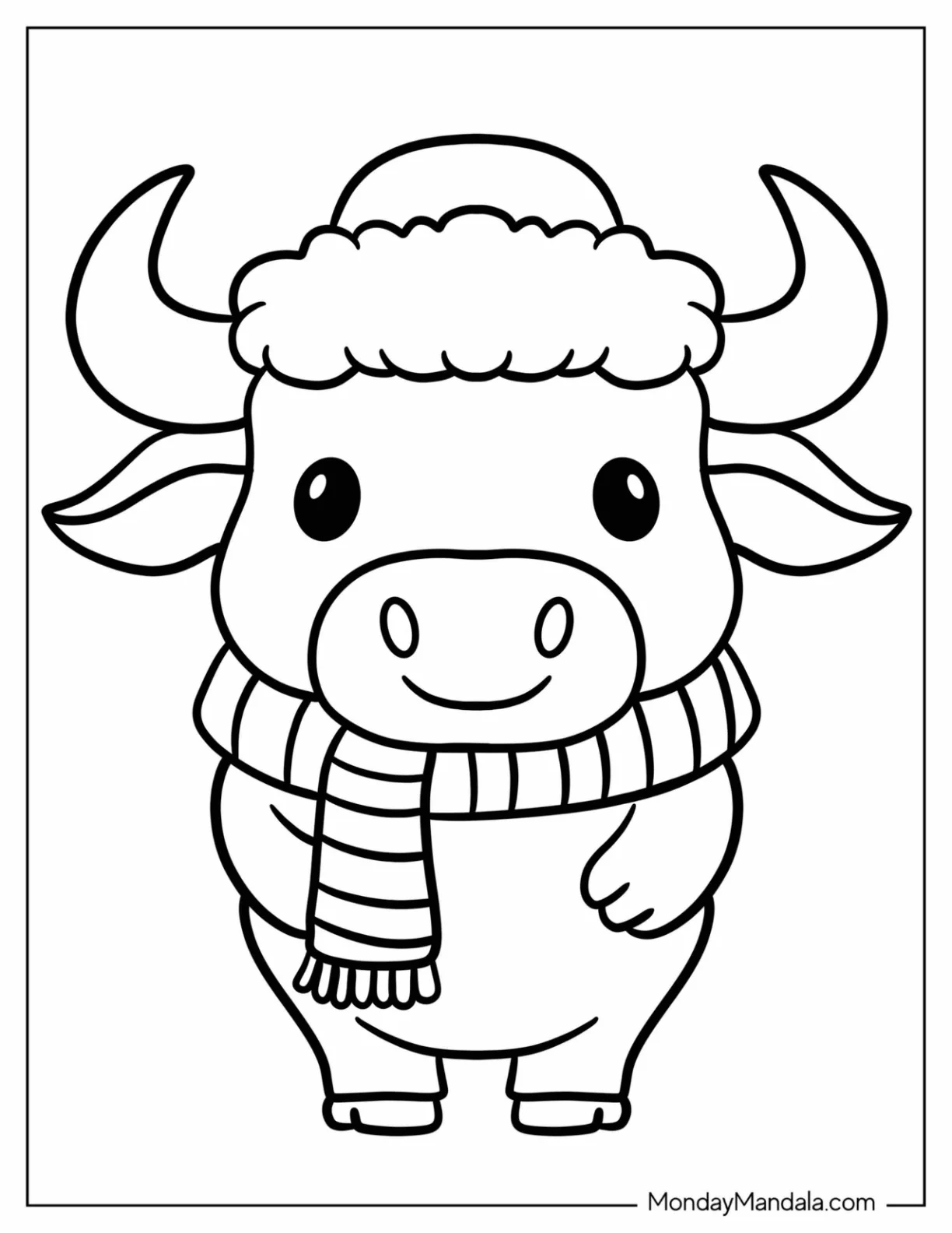 Cute Winter Bull Coloring Page with Cozy Hat and Scarf for Preschoolers coloring page