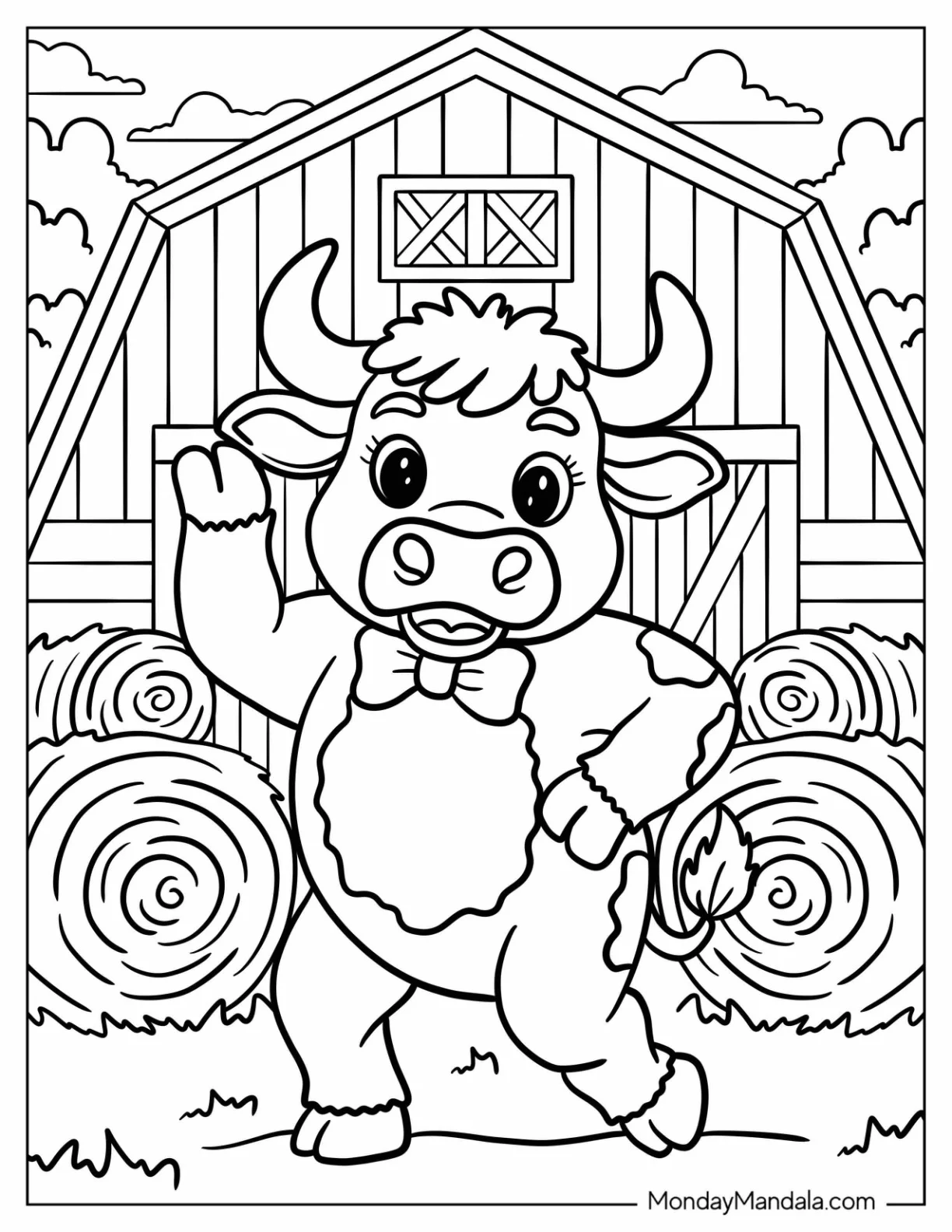 Dancing Bull Coloring Page Surrounded by Hay Bales Outside Barn for Kids coloring page — printable line art
