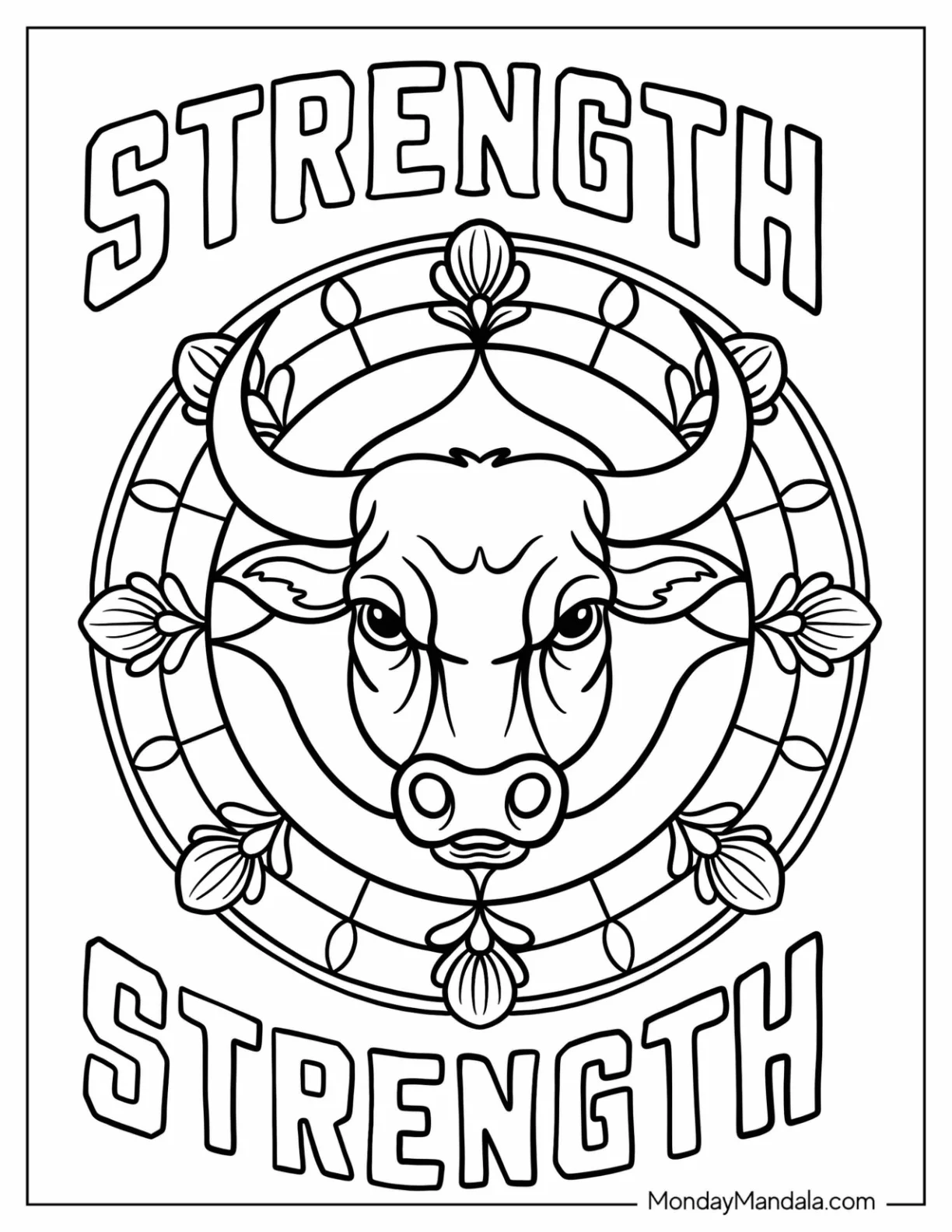 Fierce Bull Coloring Page Mandala with Strength Texts coloring page