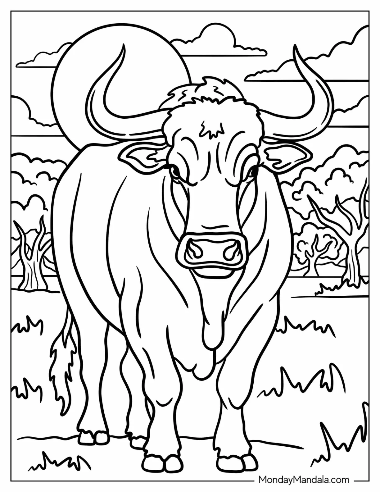 Front Facing Bull Coloring Page in a Forest Clearing coloring page