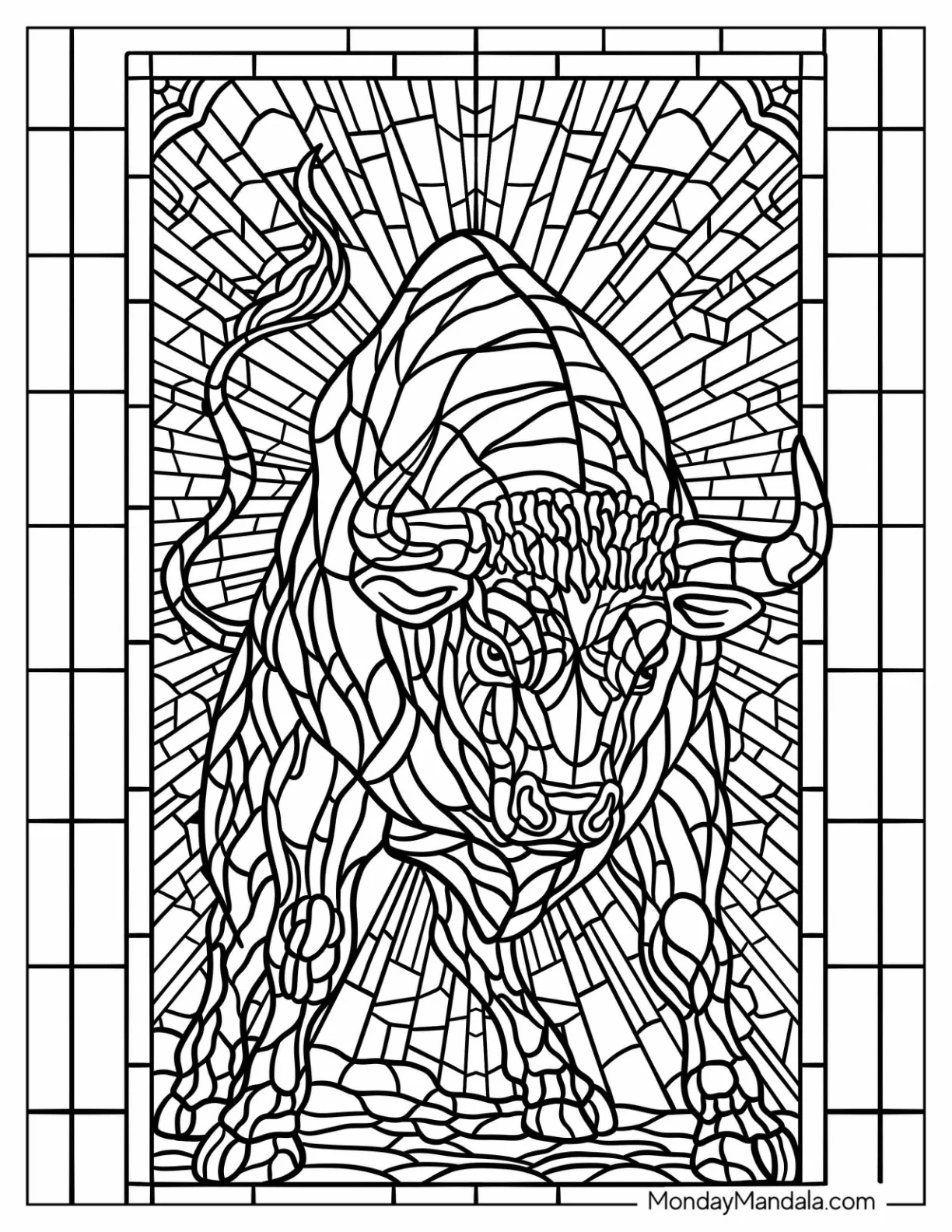Intricate Bull Coloring Page Stained Glass for Adults coloring page — printable line art