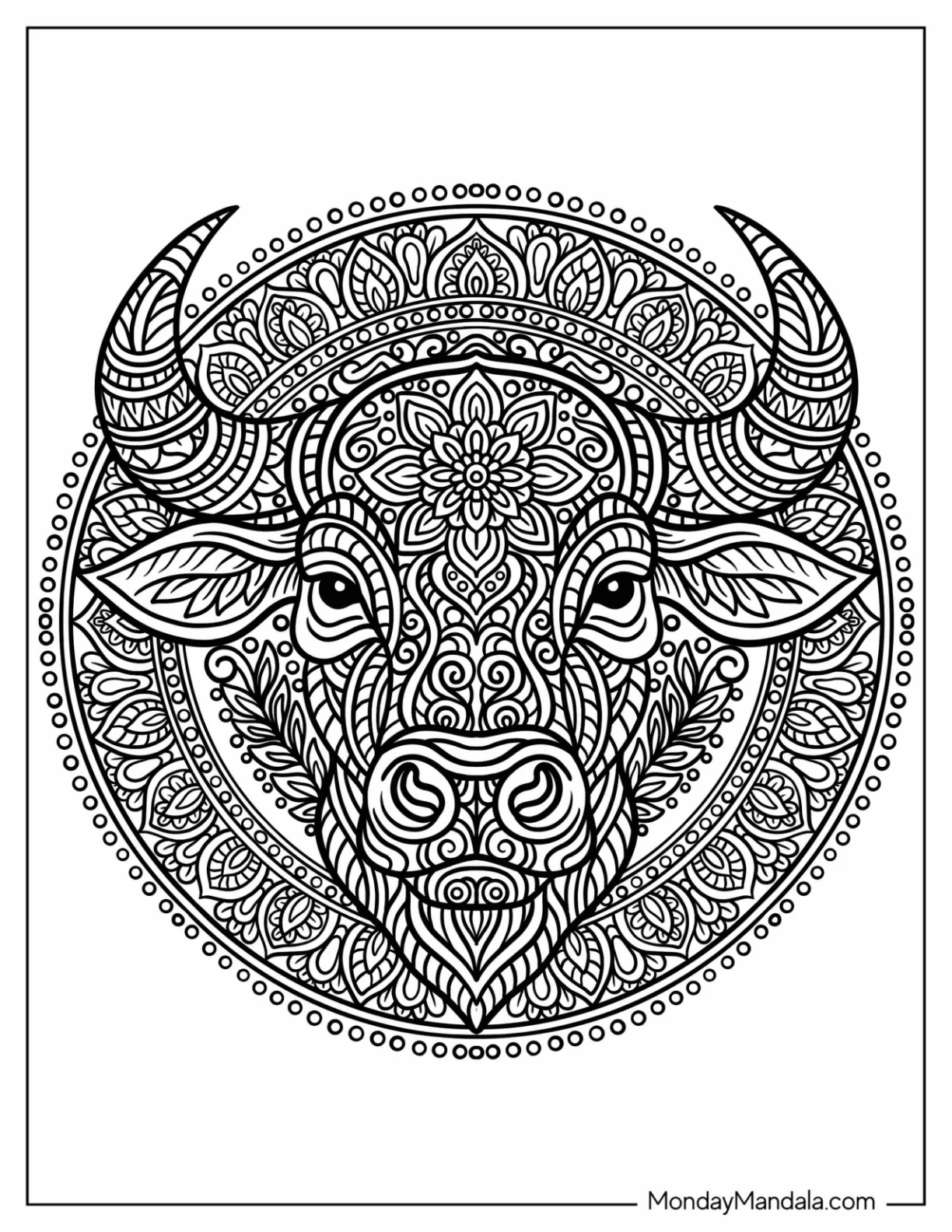 Majestic Bull Coloring Page Mandala with Floral Details coloring page