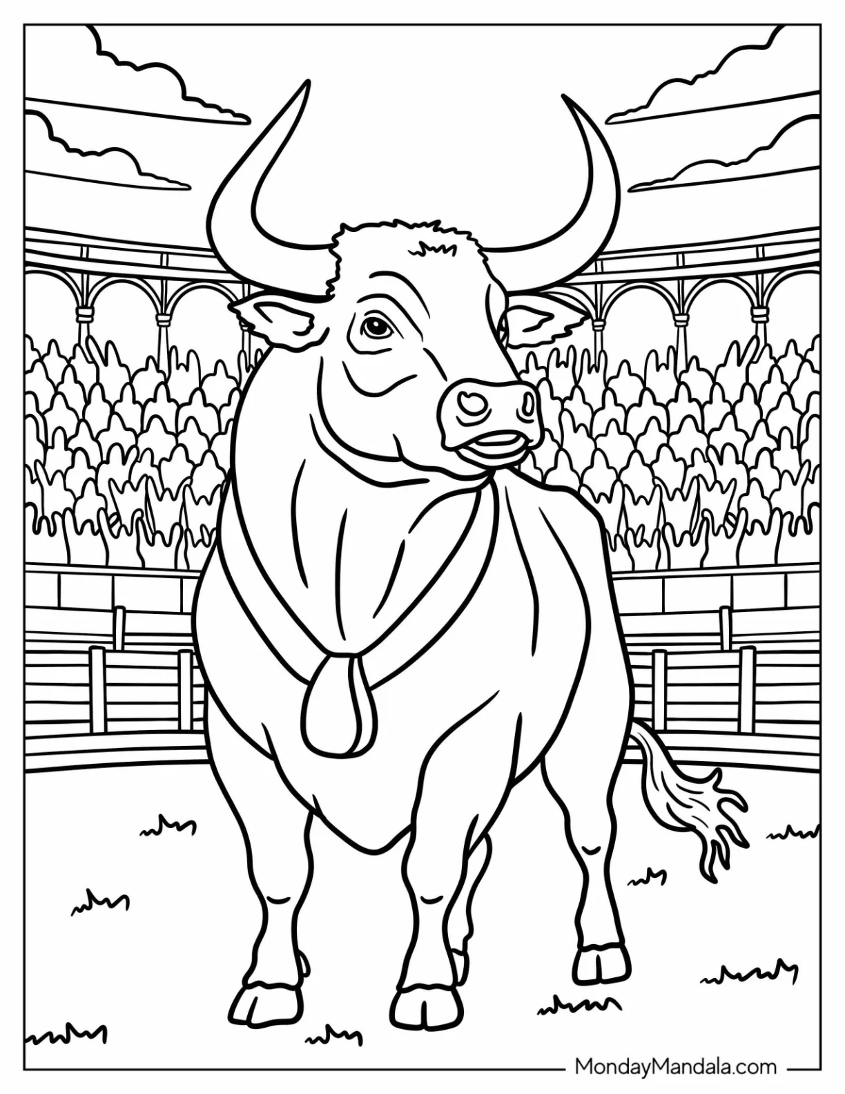 Massive Bull Coloring Page in a Rodeo Stadium Full of People coloring page