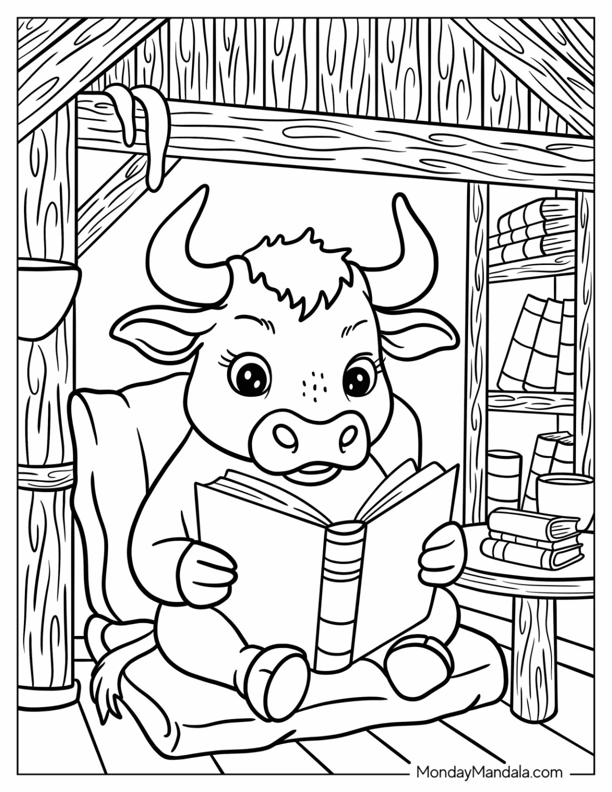 Nerdy Bull Coloring Page Reading a Book in a Cozy Corner for Kids coloring page — printable line art