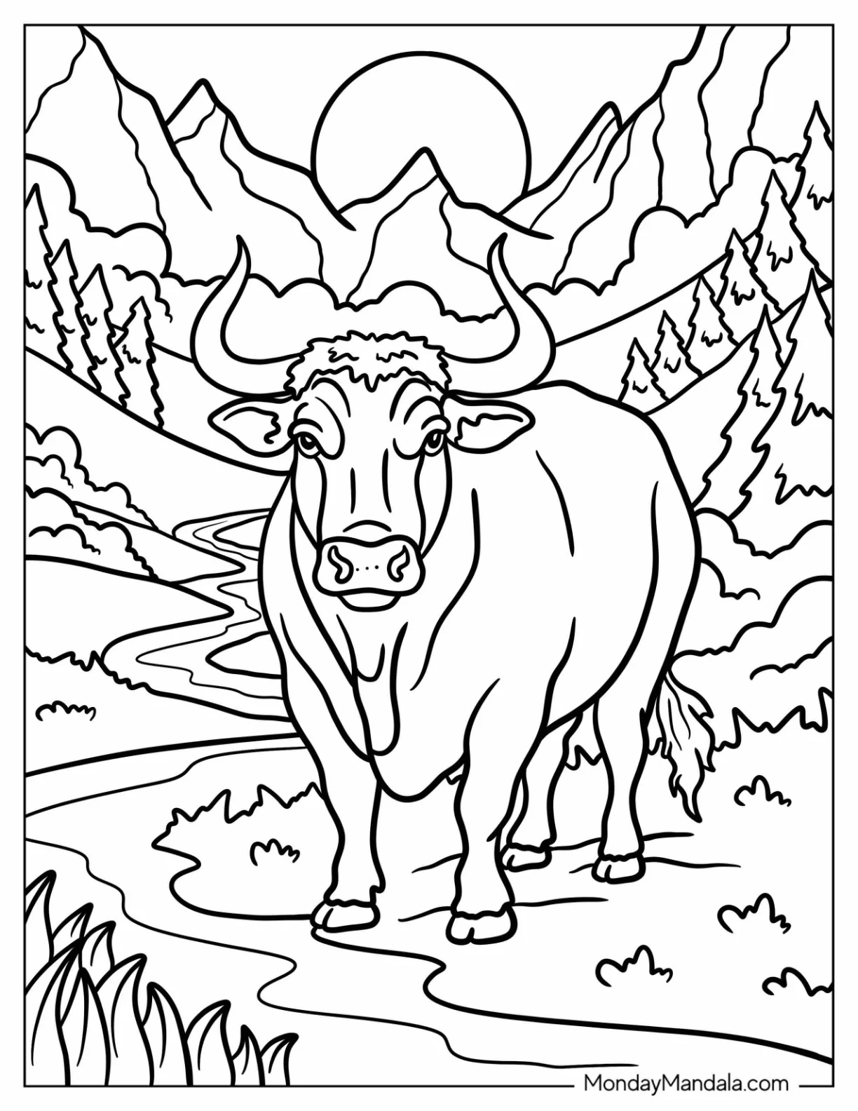 Realistic Bull Coloring Page in a Mountain Terrain for Adults coloring page