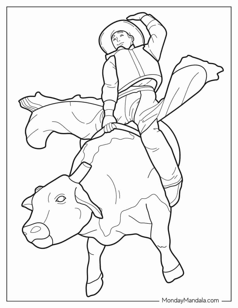 Rodeo Cowboy On Bull coloring page — printable line art