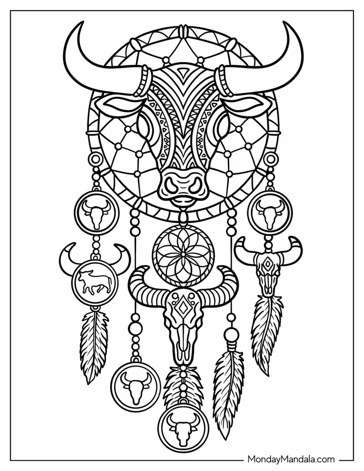 Sacred Bull Coloring Page Spirit Dreamcatcher with Ornamental Charms coloring page