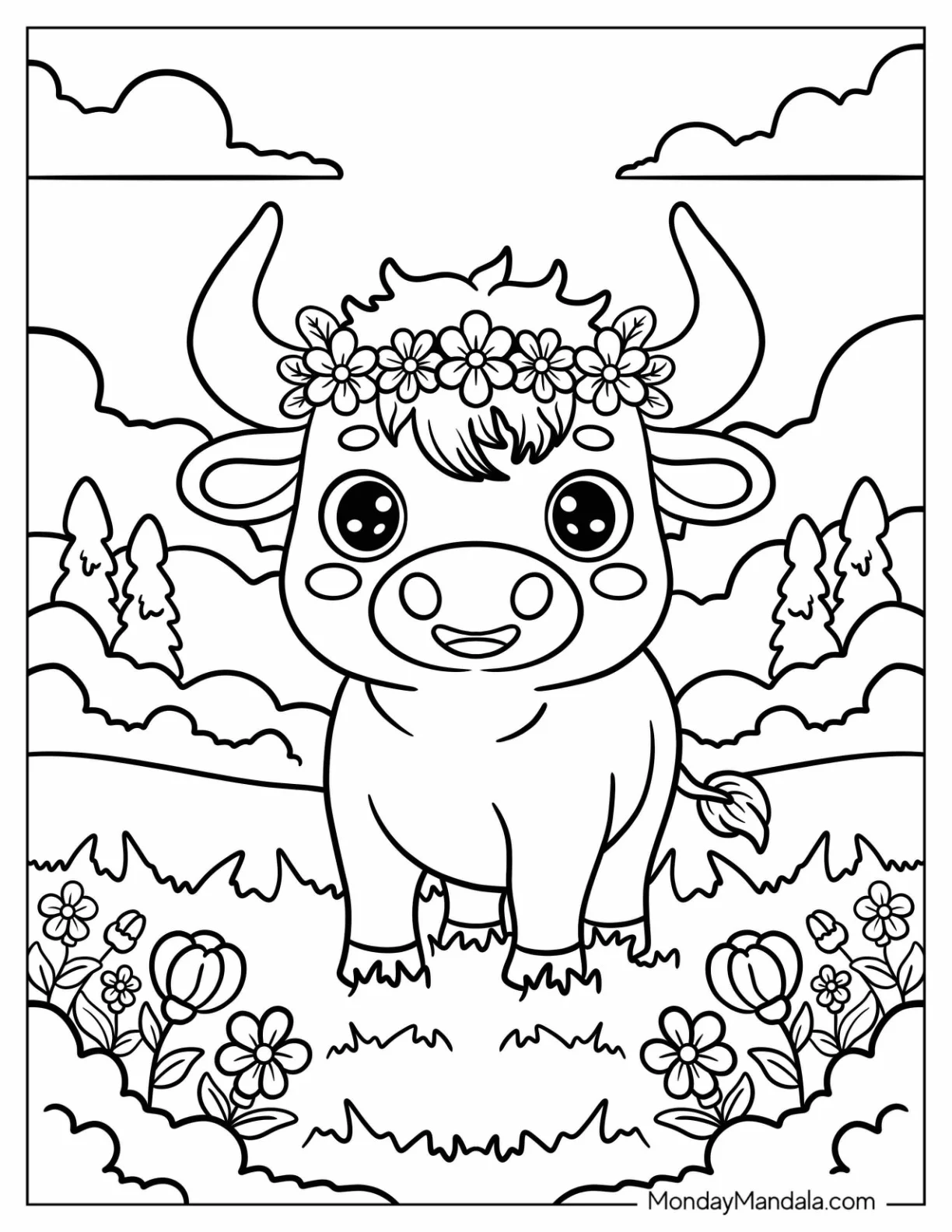 Smiling Little Bull Coloring Page with Flower Crown Standing in a Field coloring page