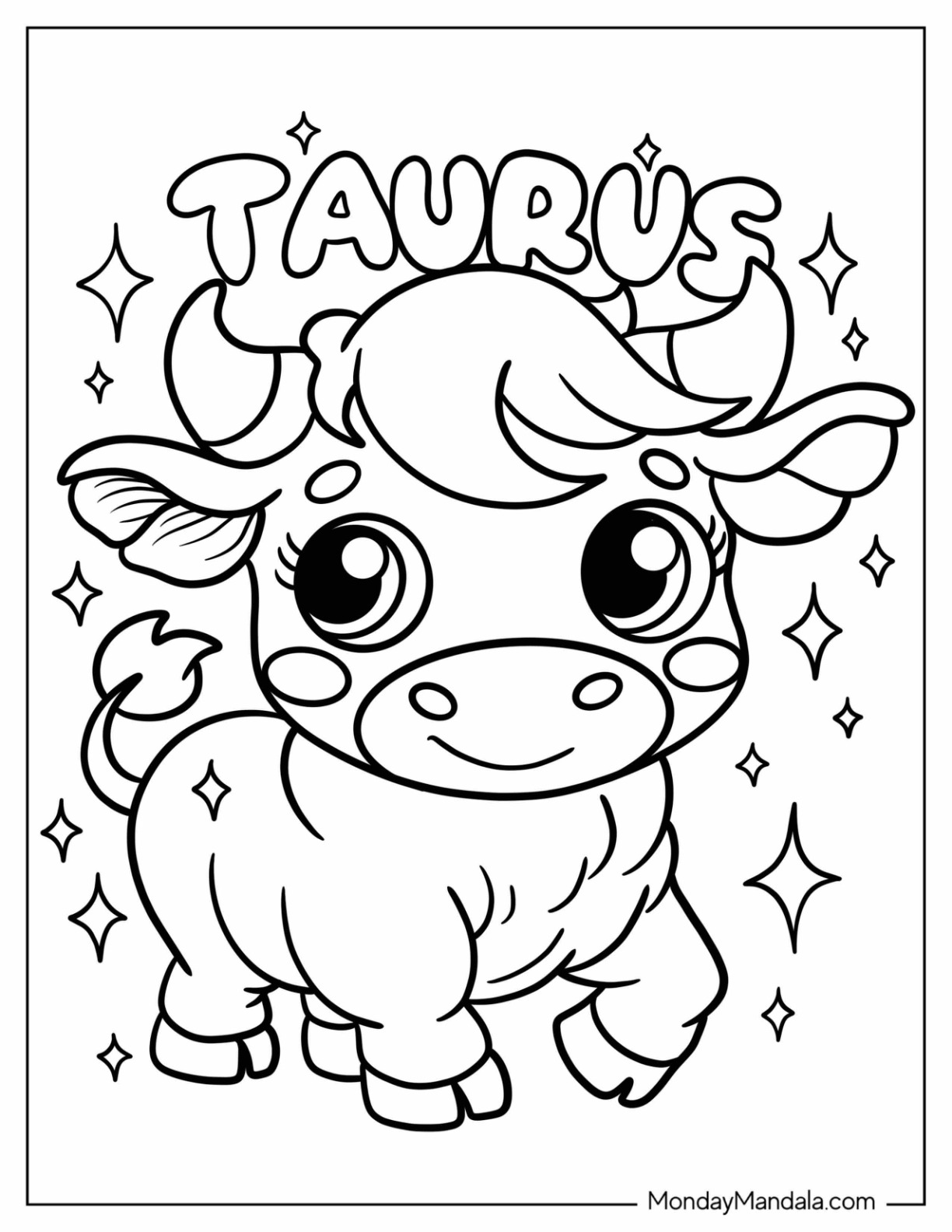 Taurus Text Above a Chibi Bull Coloring Page with Sparkles for Preschoolers coloring page