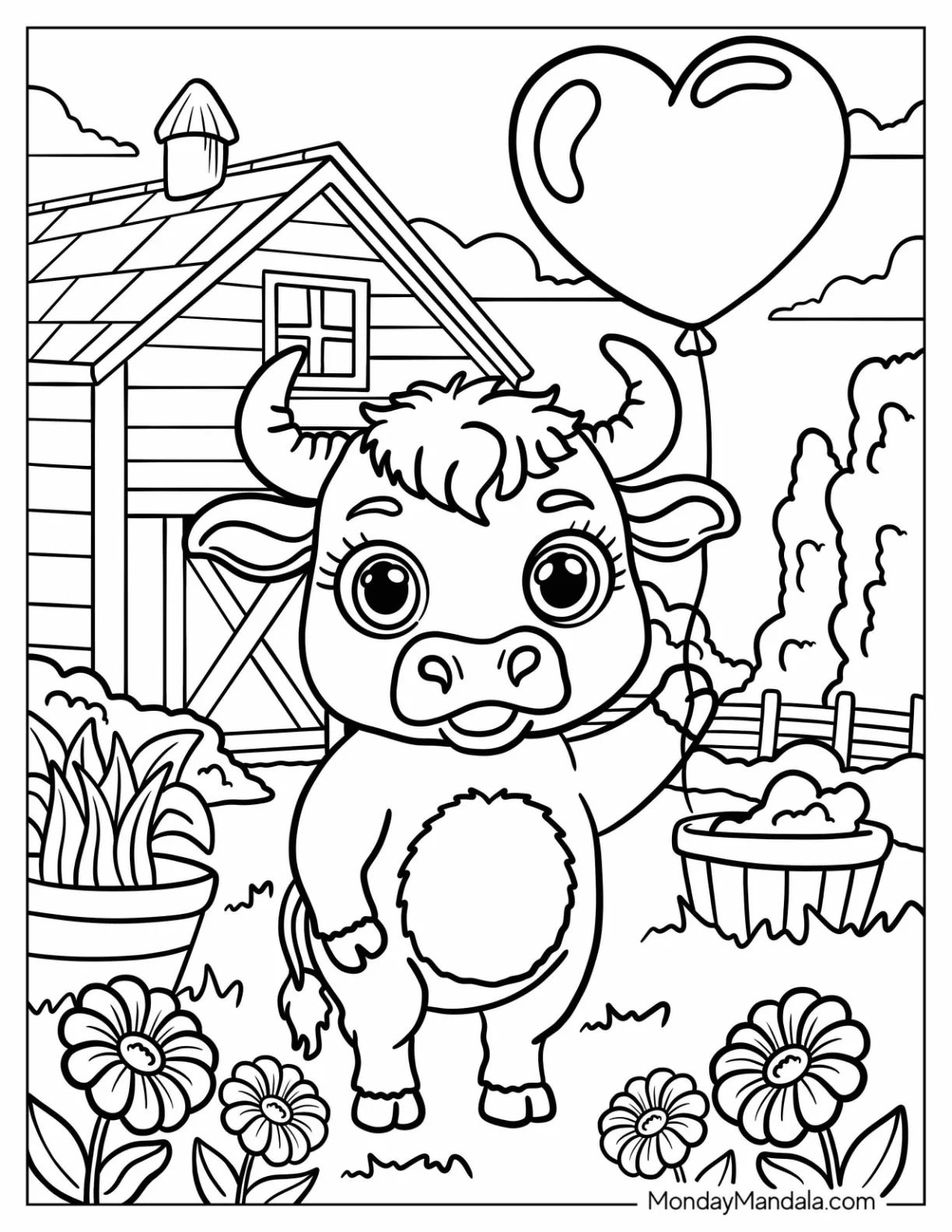 Tiny Bull Coloring Page in a Farm Garden Holding a Love Heart Balloon for Kids coloring page