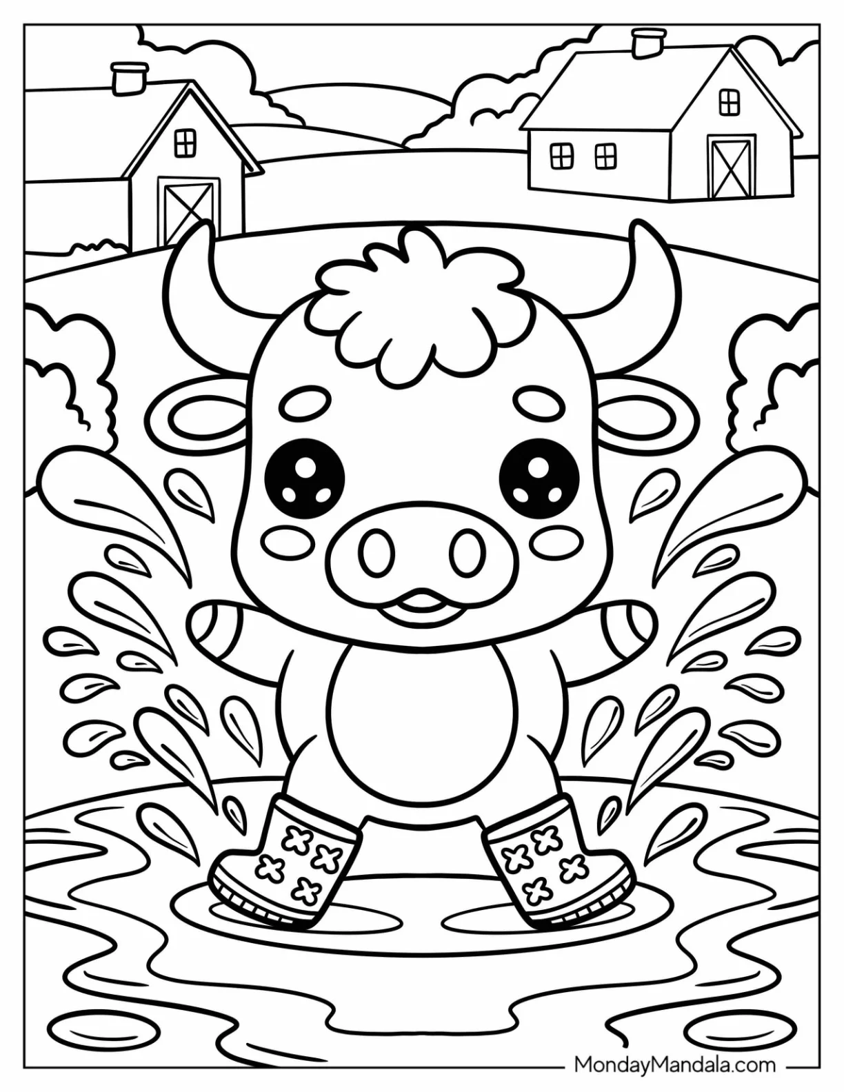 Young Bull Coloring Page with Rainboots Playing in a Puddle for Preschoolers coloring page — printable line art