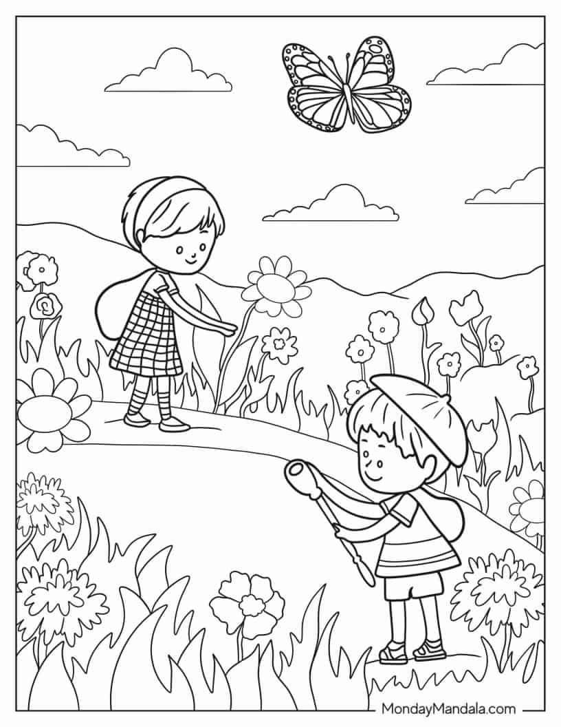 A Butterfly Hovering Over A Field Of Flowers With Two Children coloring page — printable line art