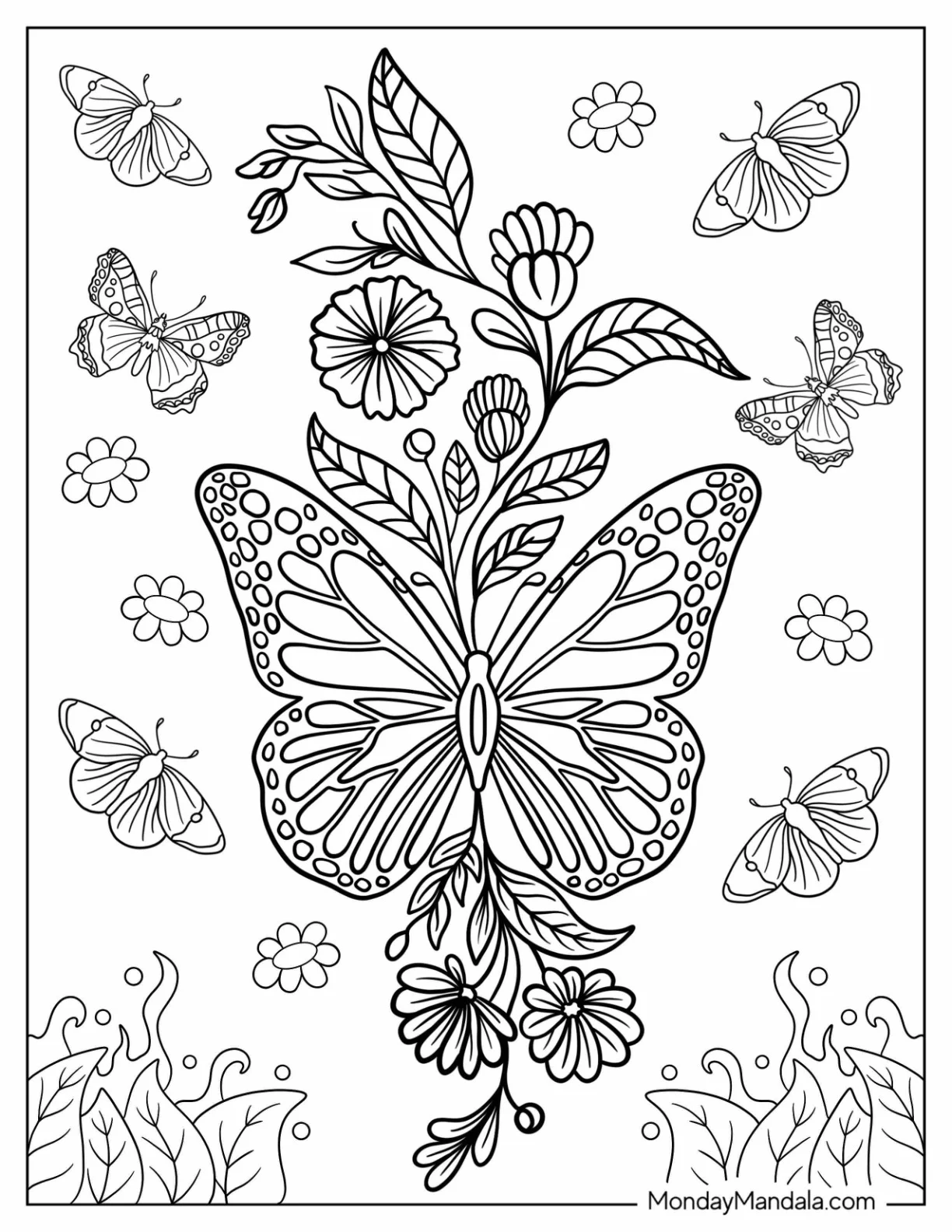 Beautiful Butterfly Coloring Page On A Vine Of Flowers coloring page