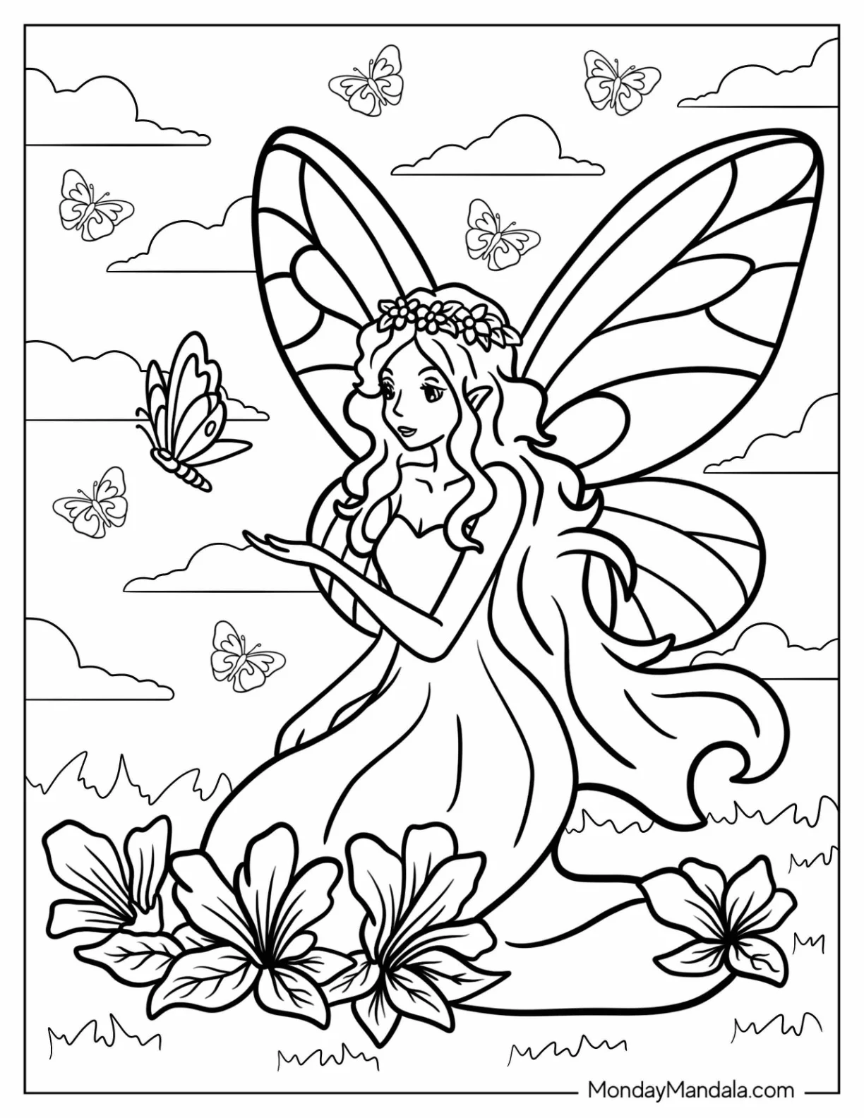 Beautiful Fairy Surrounded By Butterflies On A Flower Field coloring page — printable line art