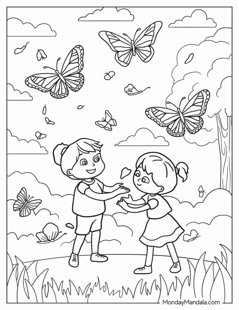 Boy And Girl Playing In Nature With Butterflies coloring page — printable line art