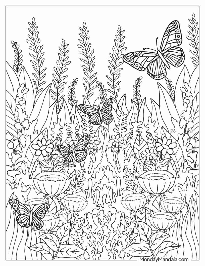 Butterflies Among Wildflowers And Grass coloring page — printable line art