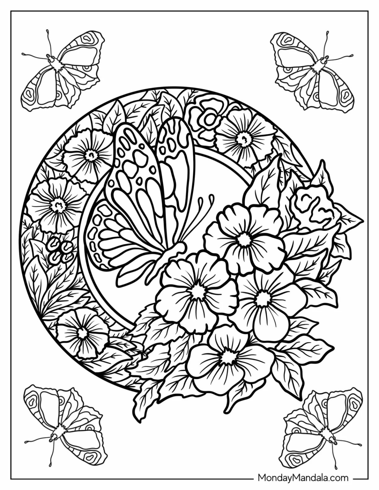 Butterfly Coloring Page On Pretty Flowers Inside A Floral Mandala coloring page — printable line art
