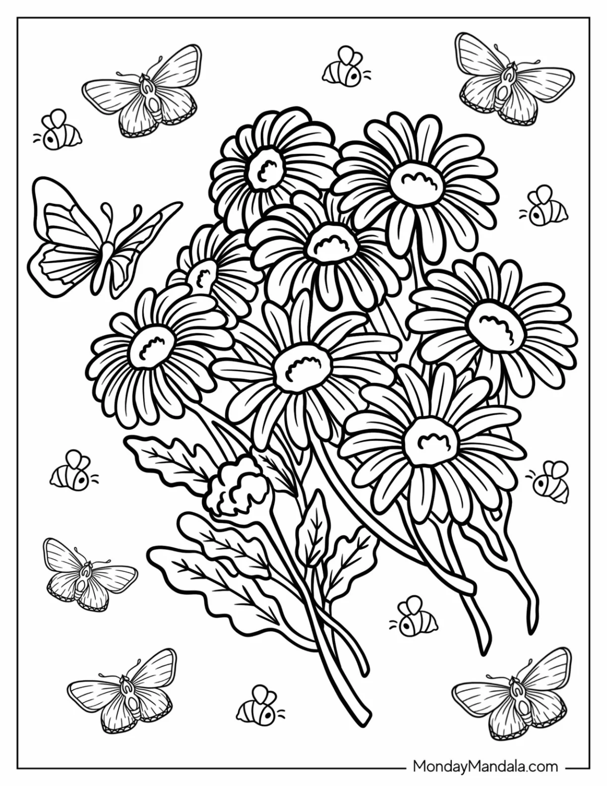 Butterfly Coloring Page Surrounding A Bunch Of Daisies coloring page