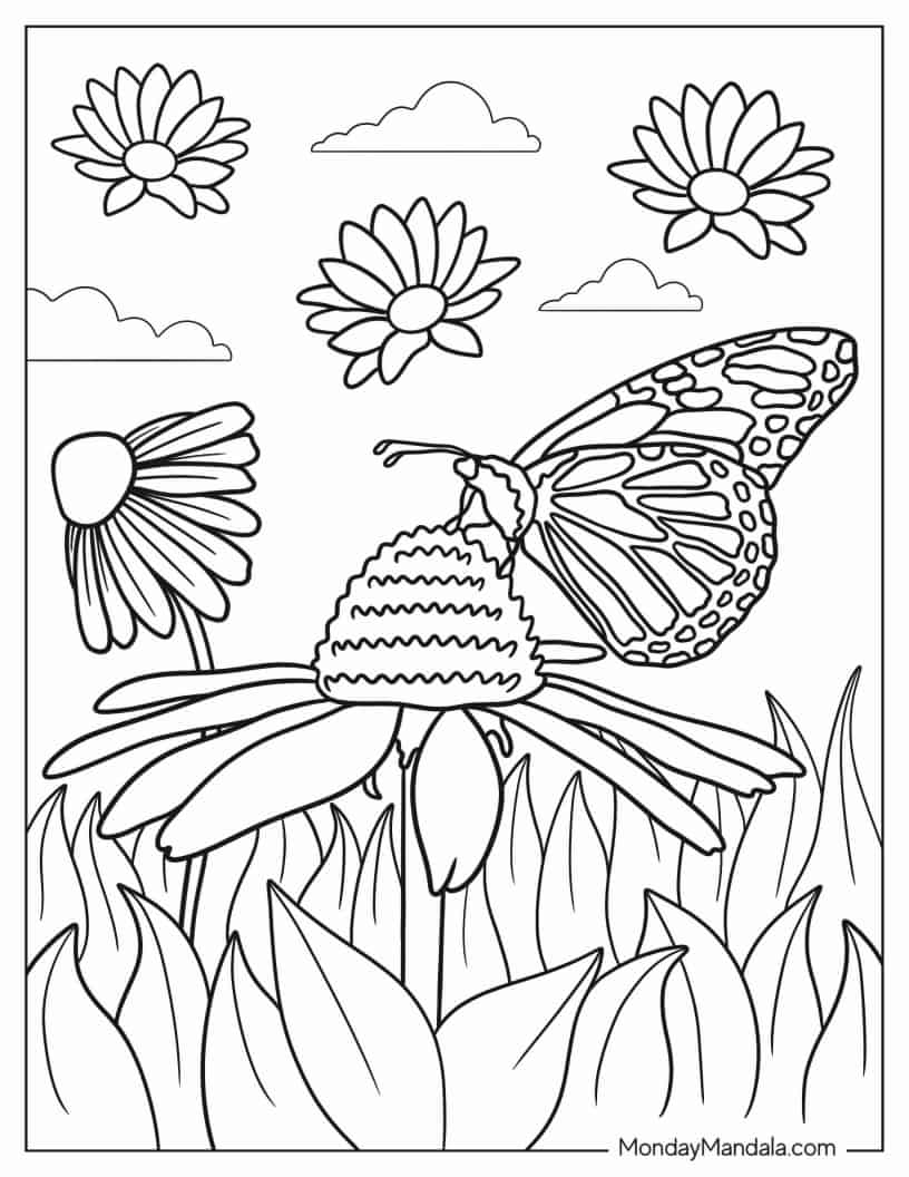 Butterfly Feeding On Flower Nectar coloring page — printable line art