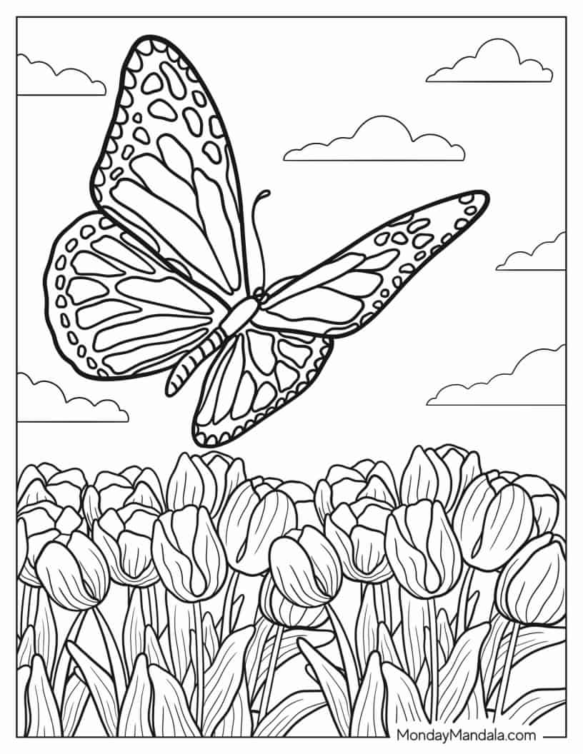 Butterfly Flying Over Field Of Tulips coloring page — printable line art