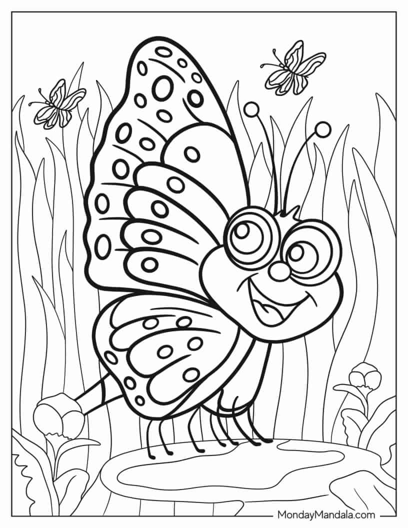 Coloring Sheet of Smiling Cartoon Butterfly coloring page — printable line art