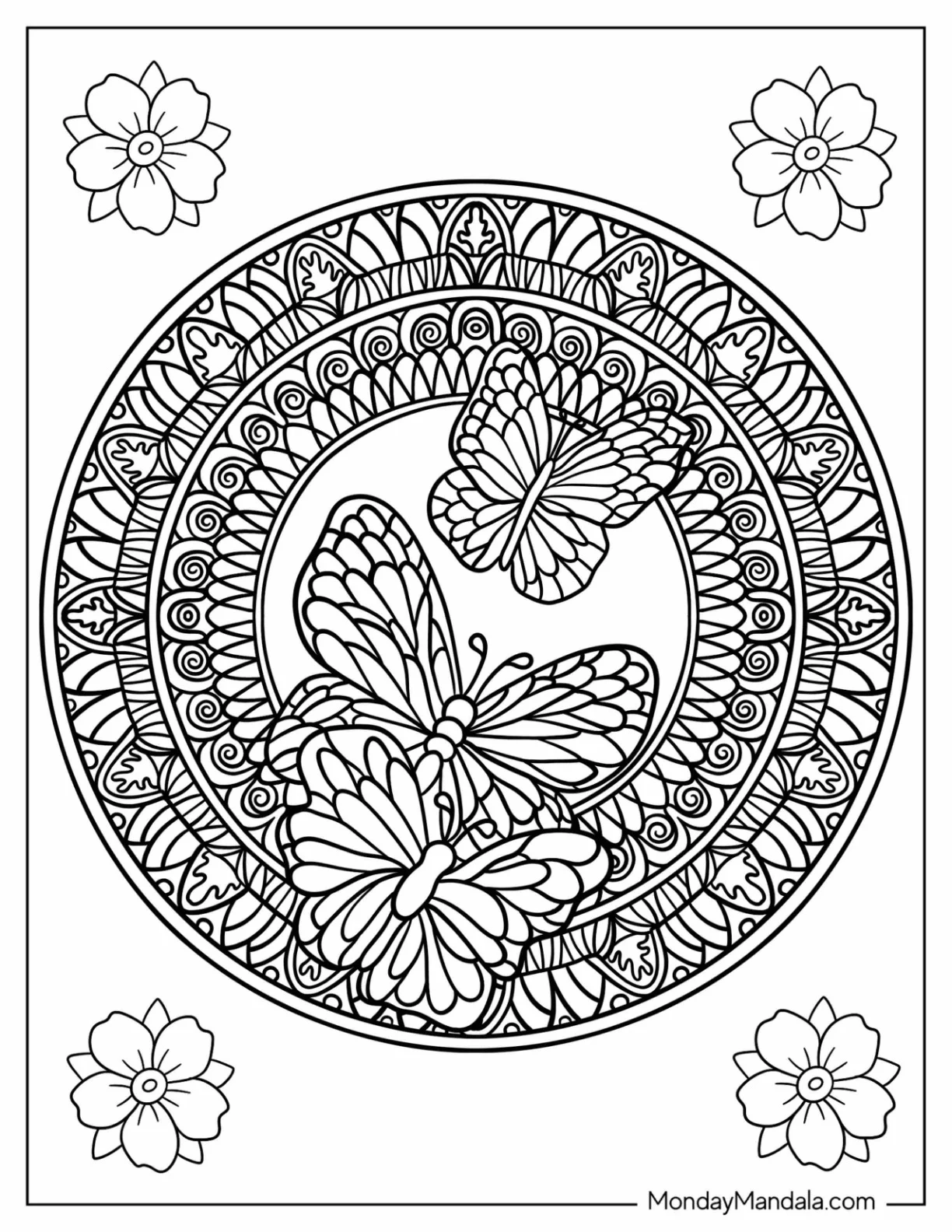 Complex Butterfly Coloring Page And Flower Mandala coloring page
