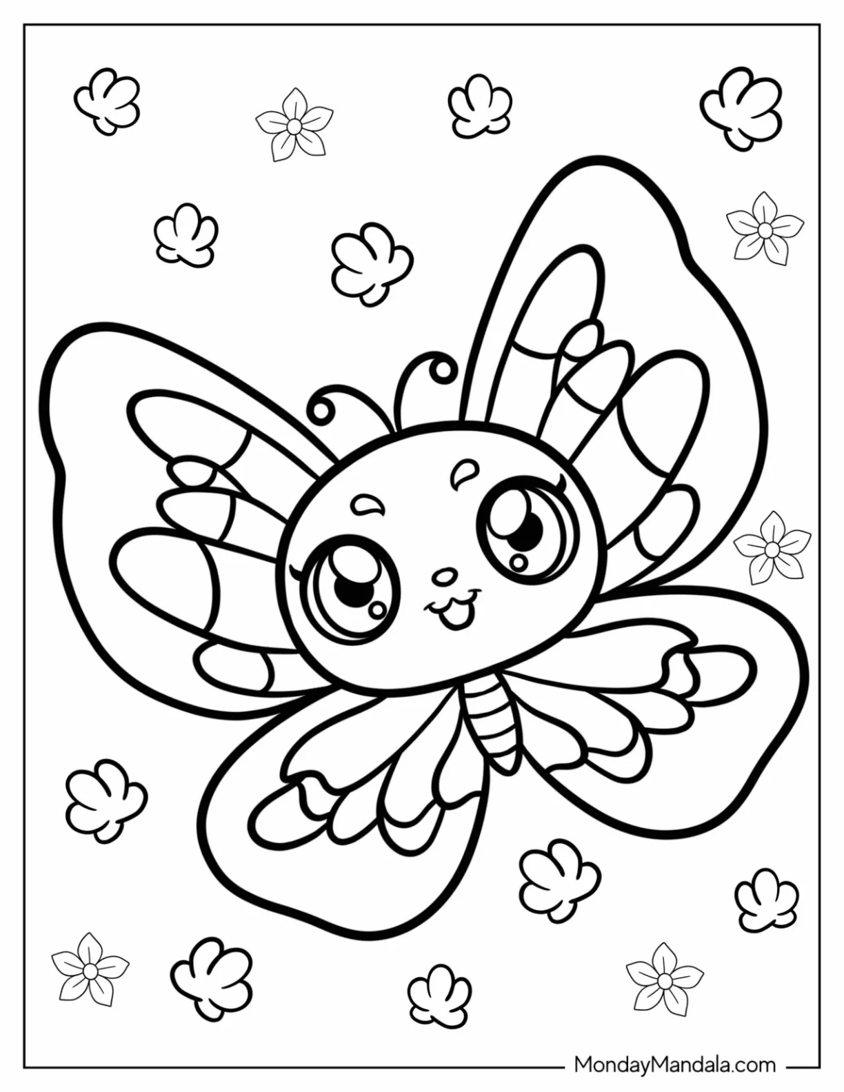 Cute Cartoon Butterfly With Large Eyes Coloring Page coloring page — printable line art