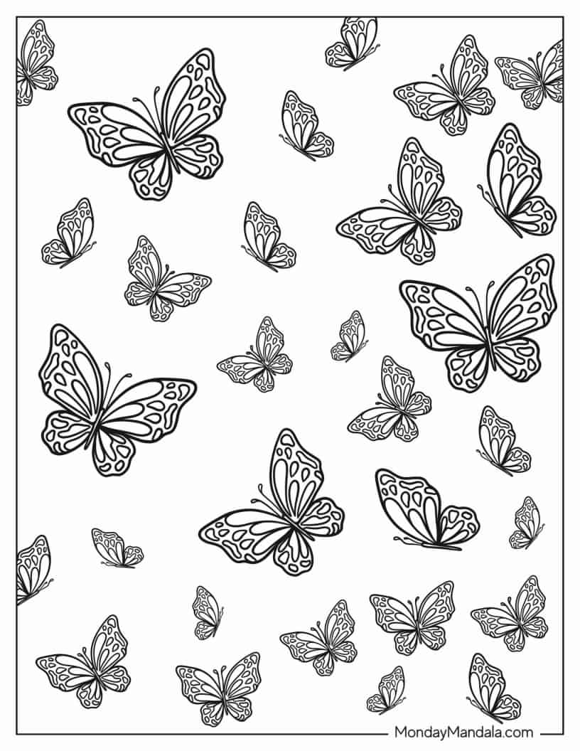 Dozens Of Butterflies Fluttering Around coloring page — printable line art