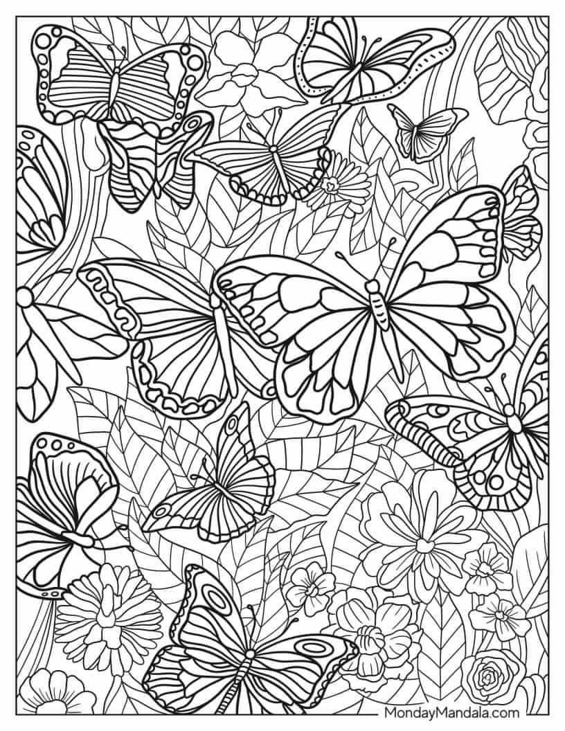 Dozens Of Realistic Butterflies On Flowers coloring page — printable line art