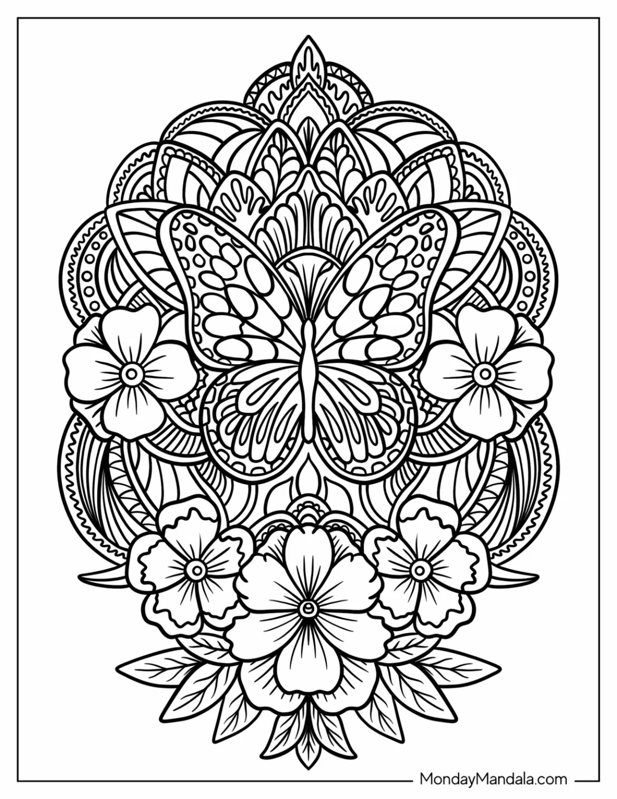 Elegant Butterfly Coloring Page Mandala Surrounded By Flowers coloring page — printable line art