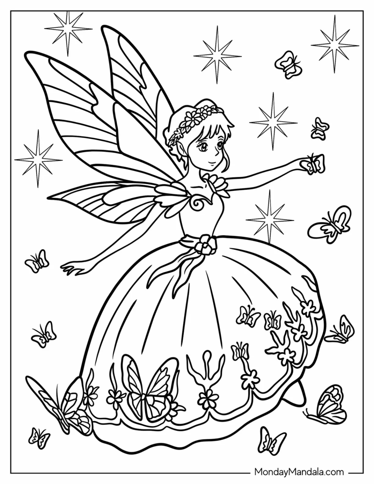 Fairy Playing With Tiny Butterflies Coloring Page coloring page