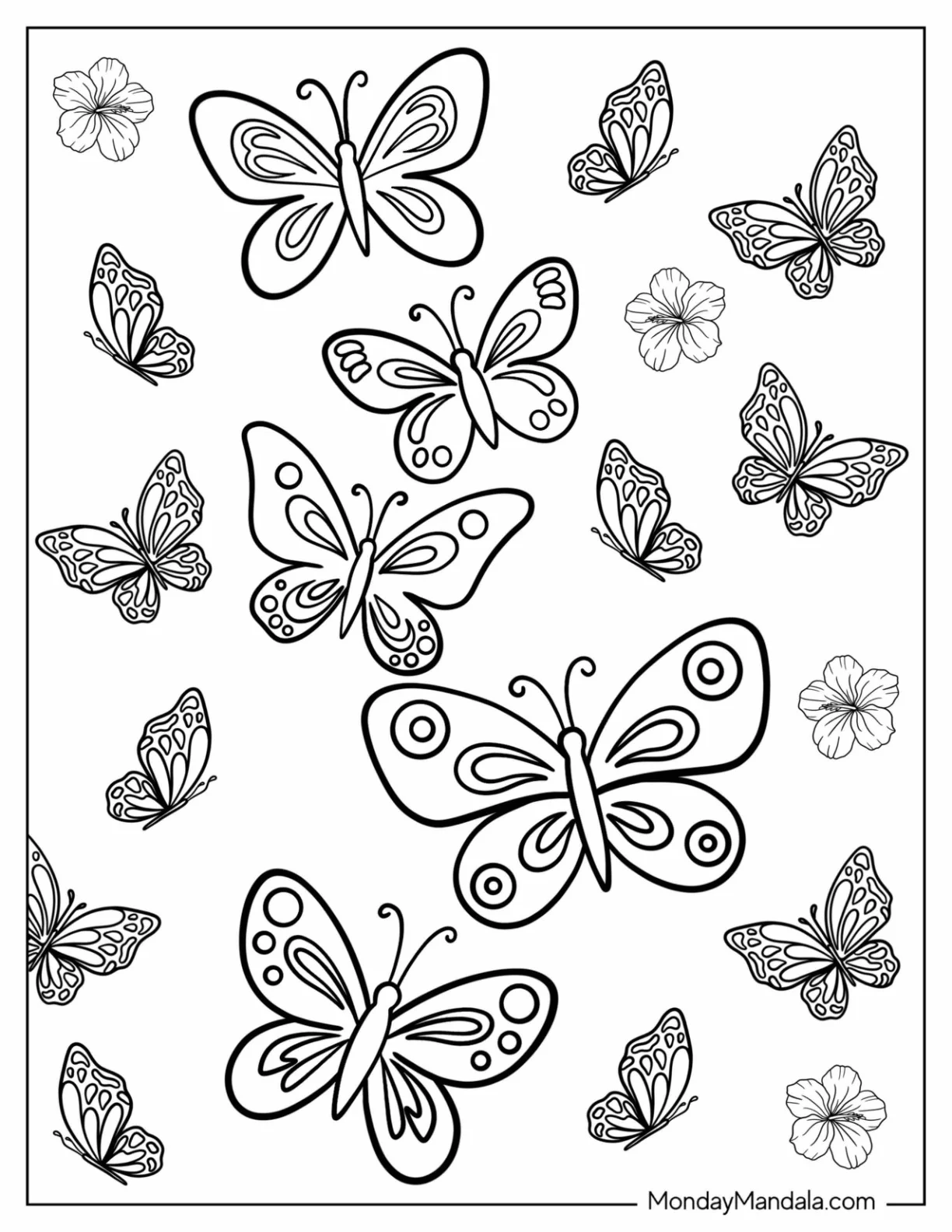 Full Page Butterflies With Flowers Coloring Page coloring page — printable line art