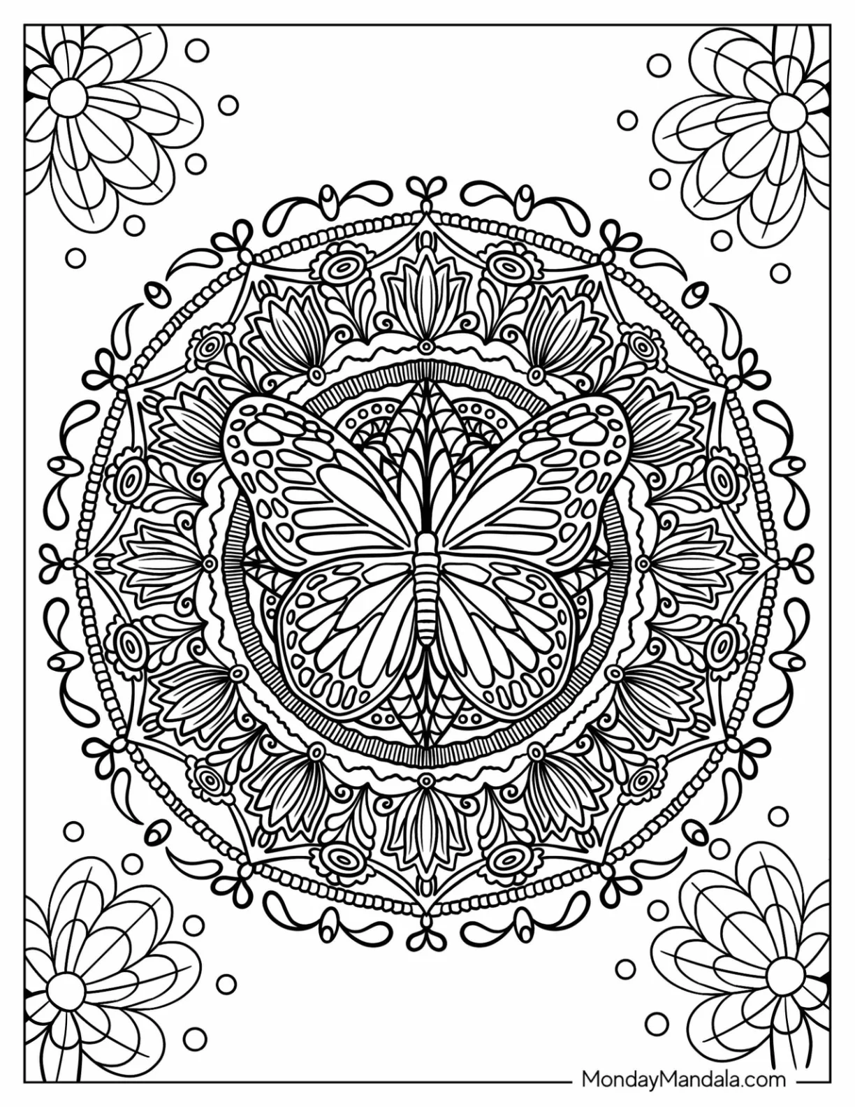 Grand Butterfly Coloring Page Mandala Surrounded By Flowers coloring page