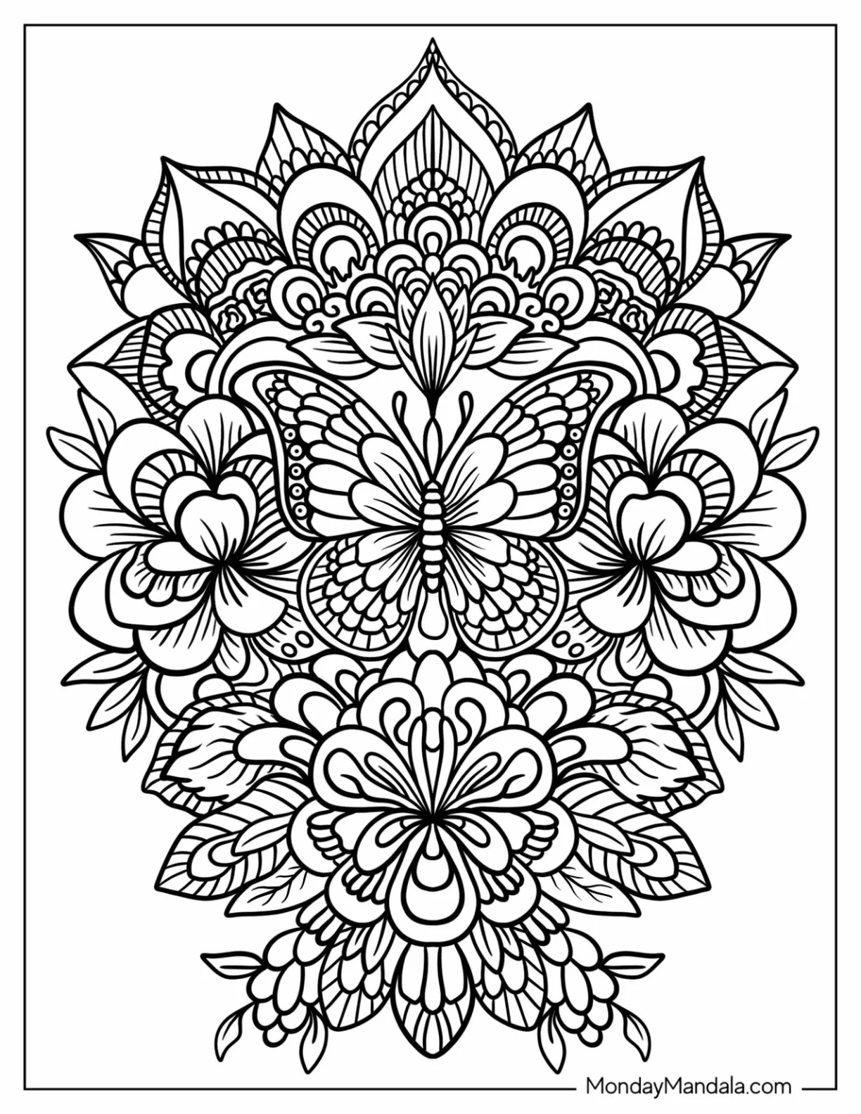 Grand Butterfly Coloring Page Mandala With Flowers And Leaves coloring page