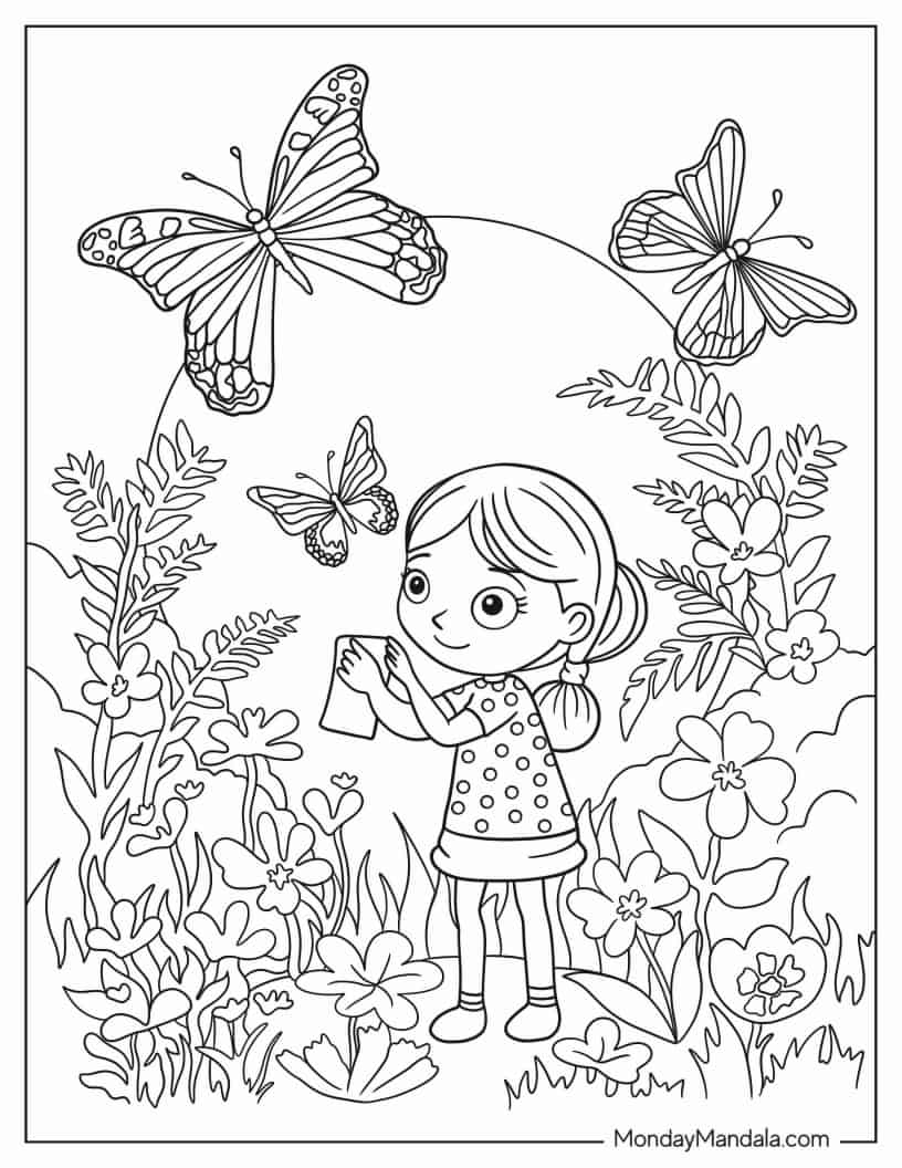Large Butterflies In A Secret Garden With Little Girl coloring page