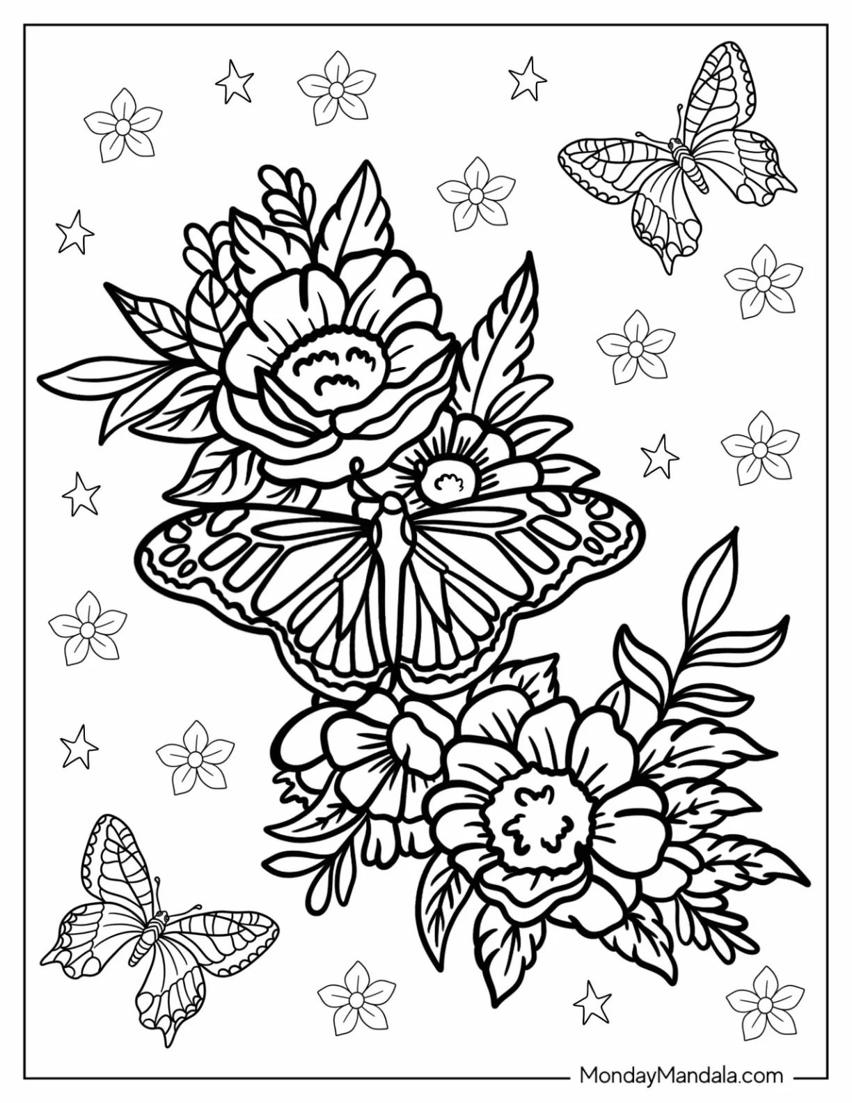 Monarch Butterfly Coloring Page Perched On Flowers coloring page