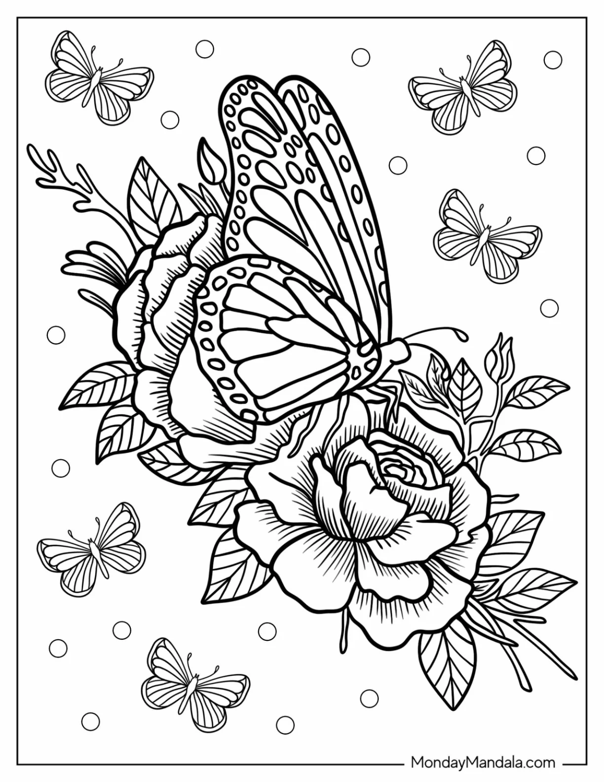 Realistic Butterfly Coloring Page On A Large Rose coloring page