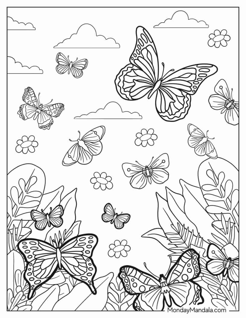 Several Butterflies Enjoying A Flower Field Coloring Page coloring page — printable line art