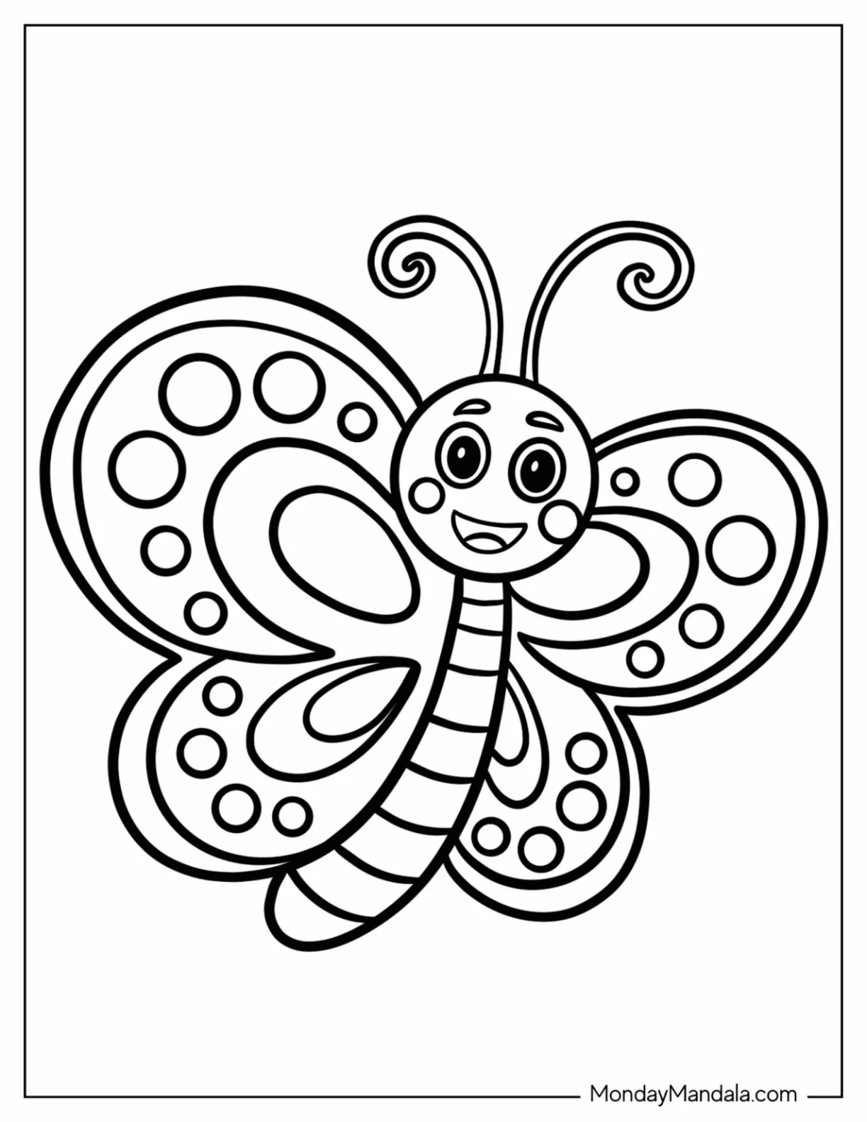 Smiling Cartoon Butterfly Coloring Page With Curly Antennae For Kids coloring page